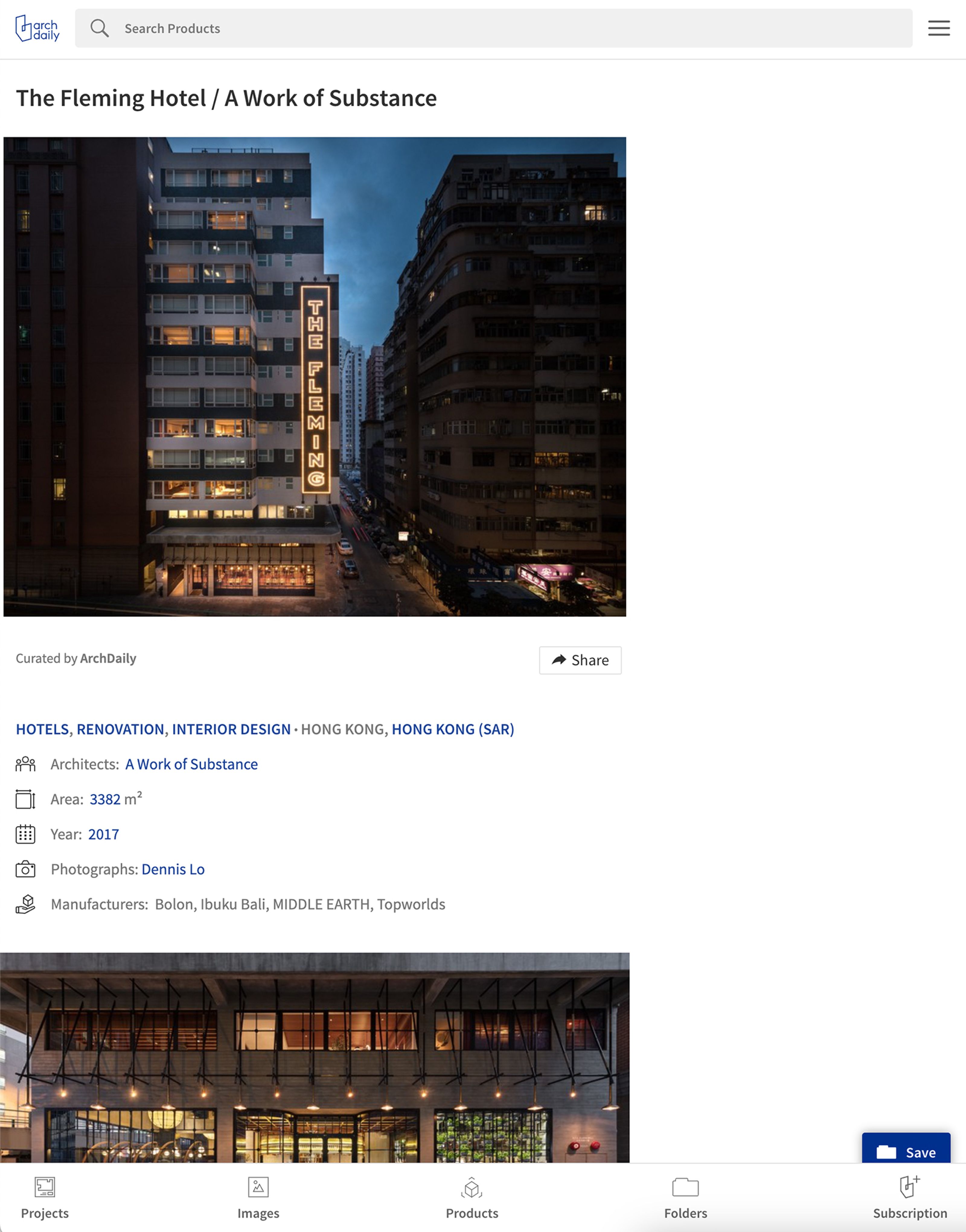 ArchDaily webpage displaying an evening exterior photo of The Fleming Hotel with a lit-up vertical sign on its facade.