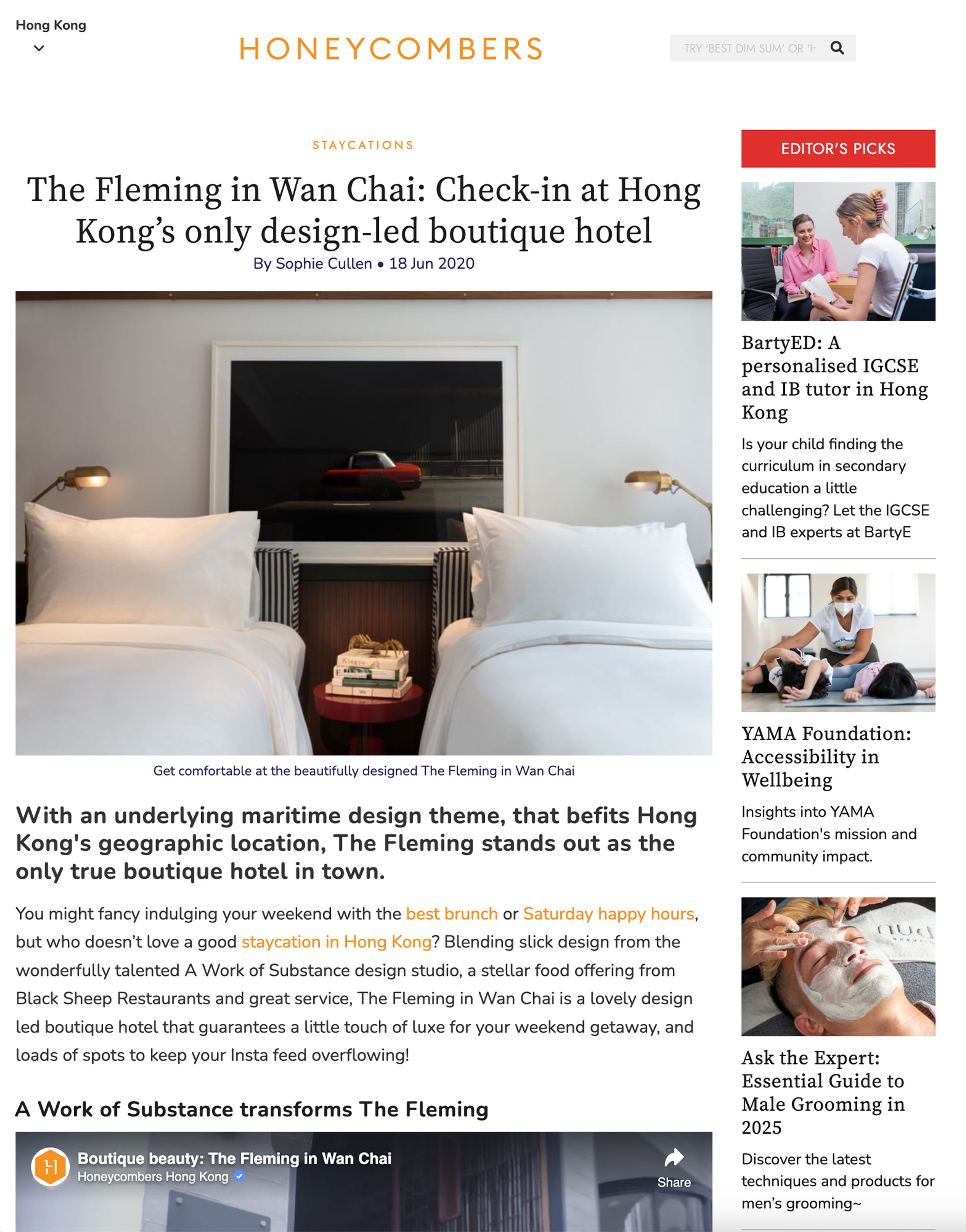 A Honeycombers webpage displaying an article about The Fleming boutique hotel, with a photo of a stylish hotel room.