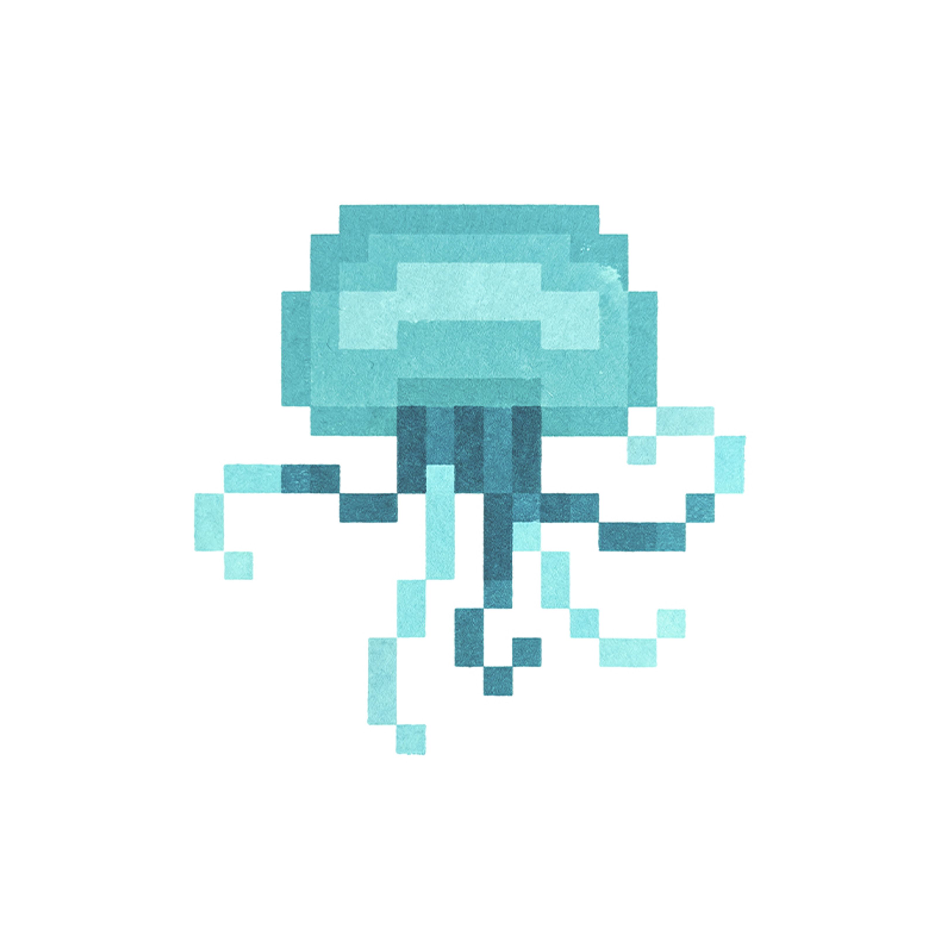 Pixel art jellyfish in shades of blue.