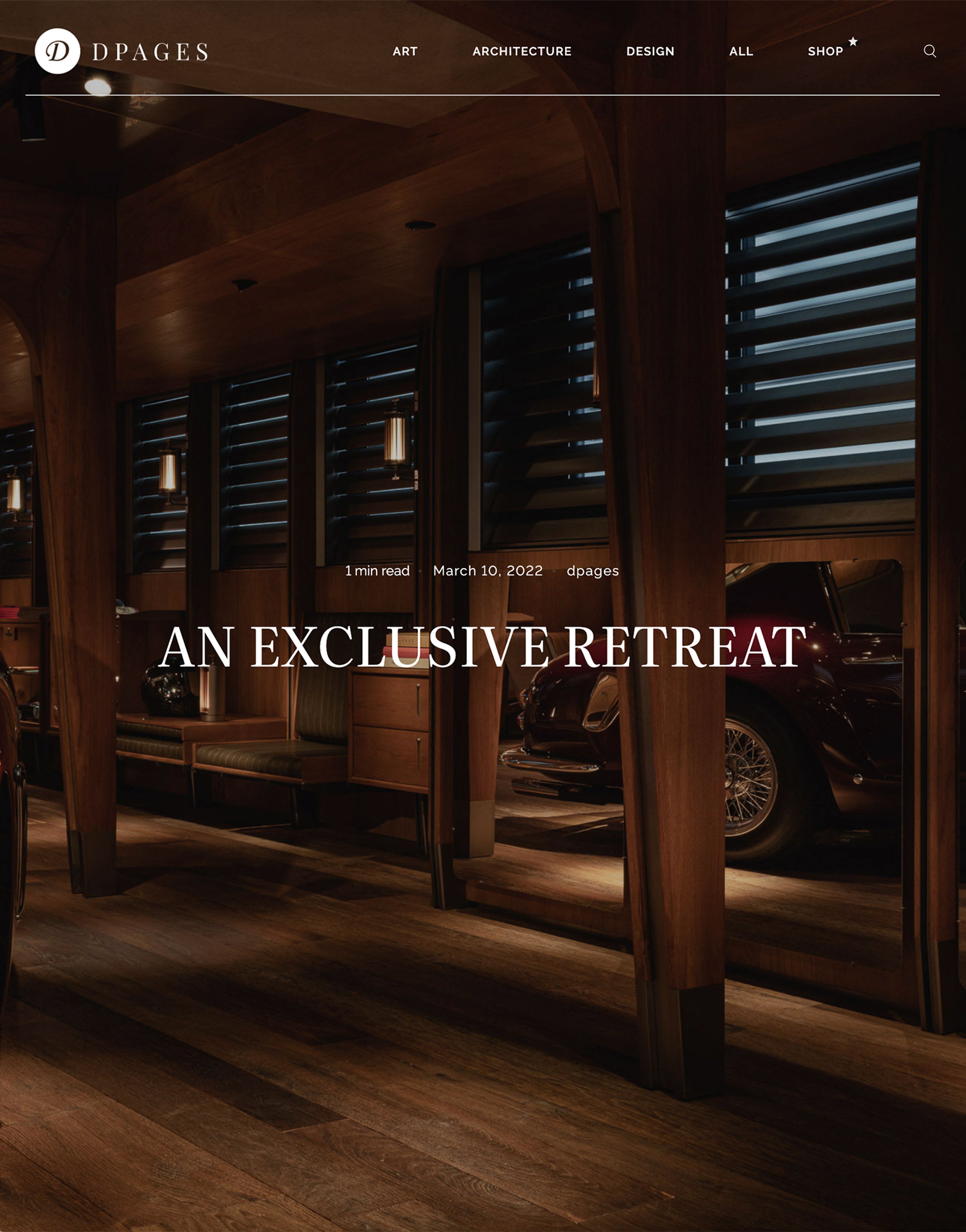A DPAGES article page featuring a luxurious, dark wood-paneled room with a red vintage car and the title "AN EXCLUSIVE RETREAT."