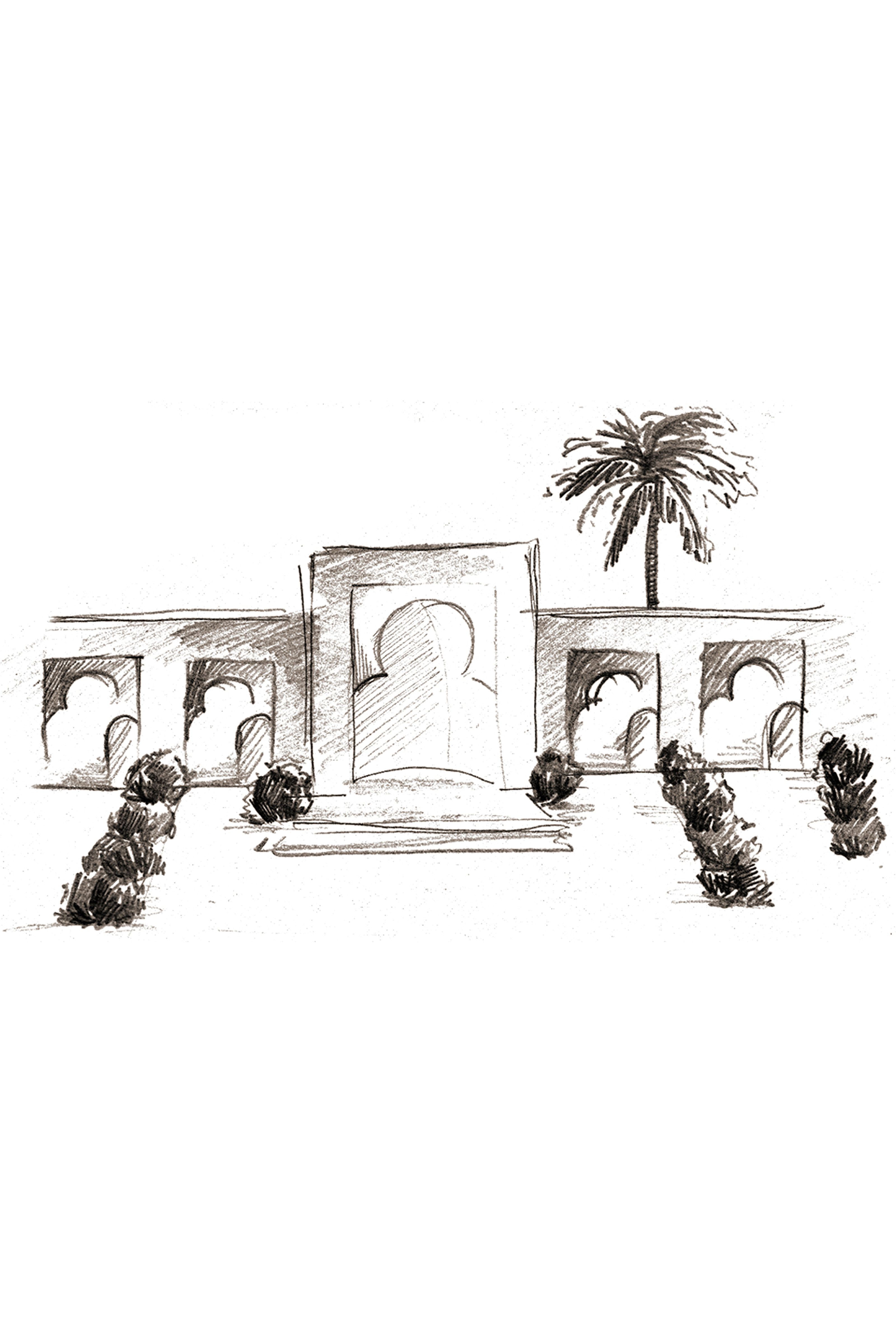 Pencil sketch of a building with Moorish arches, a palm tree, and bushes.