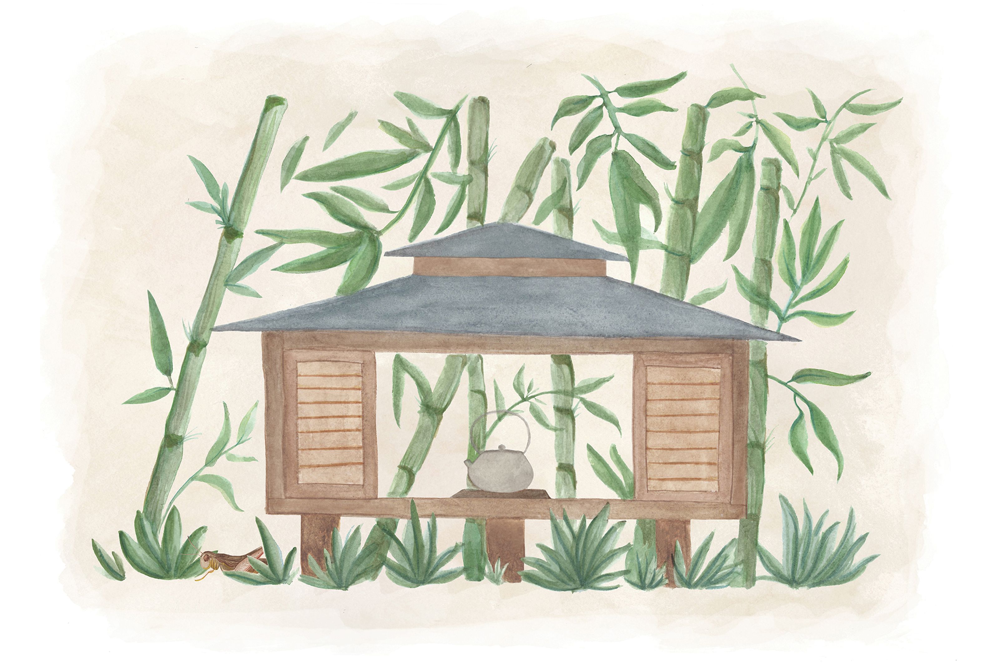 Watercolor illustration of a wooden tea house with a teapot inside, surrounded by bamboo and a frog.