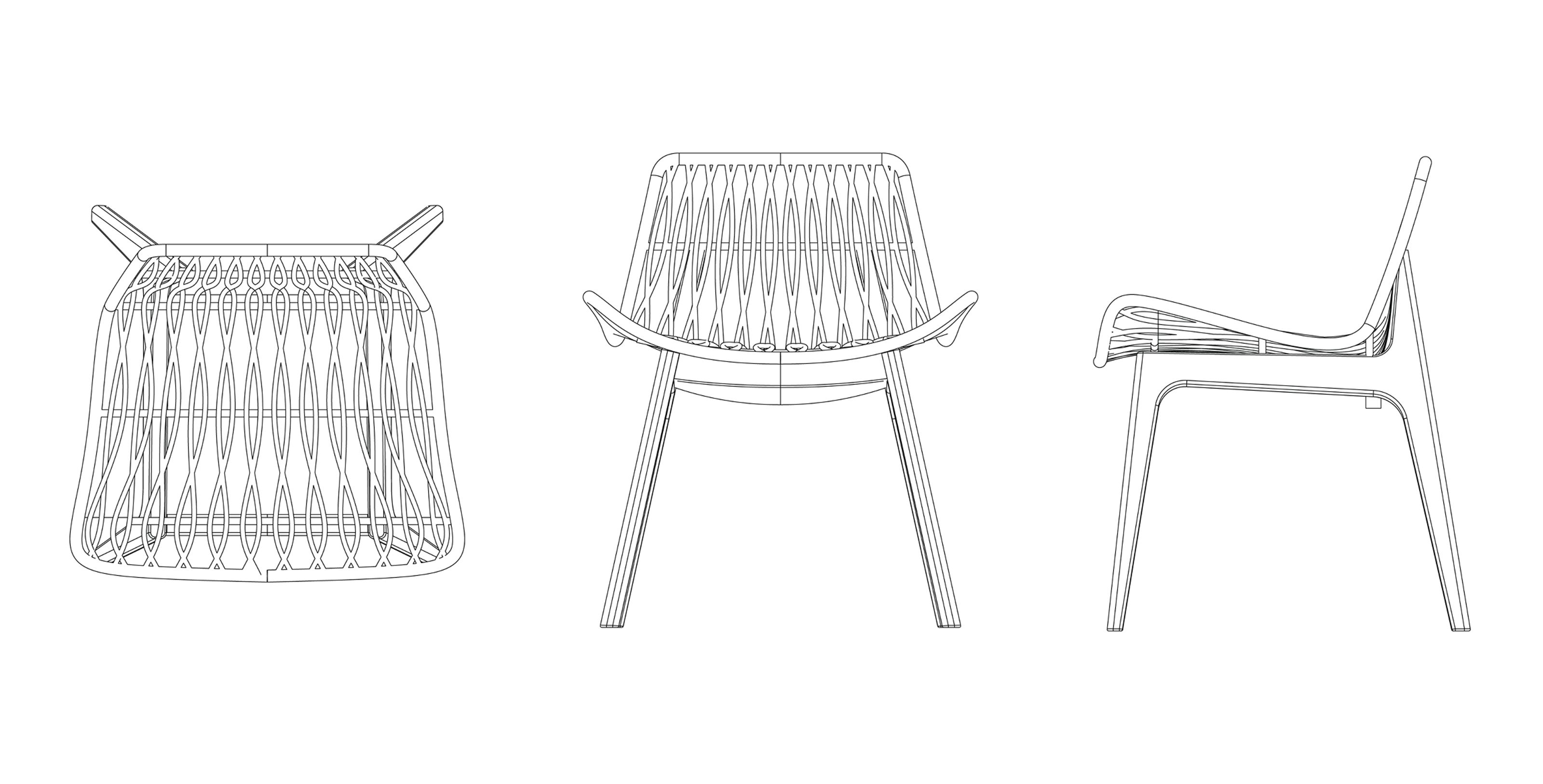 Three wireframe views of a slatted lounge chair: top, front, and side.