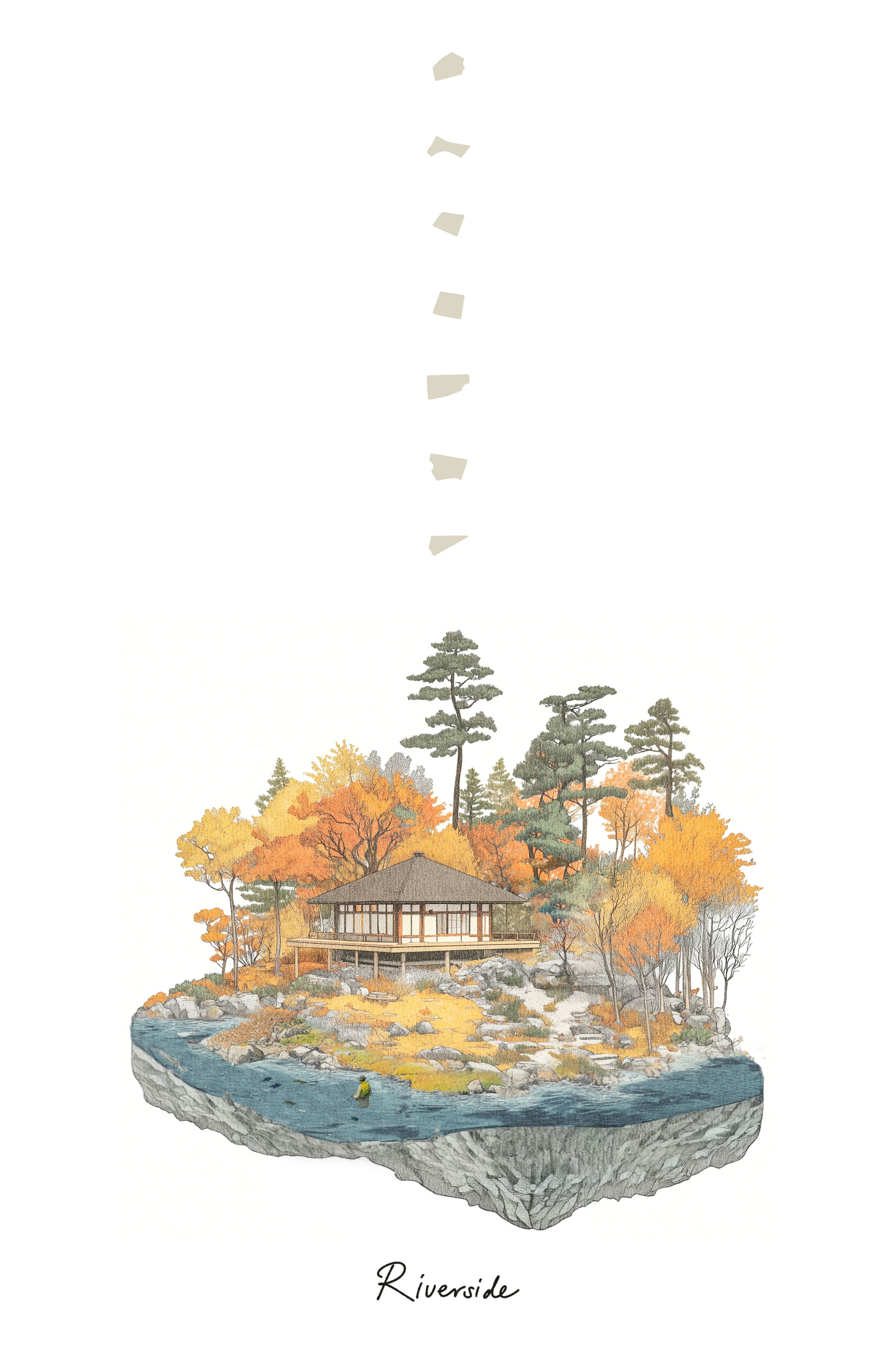 Watercolor illustration of a Japanese house on a floating island surrounded by autumn trees and a river with a person fishing. Text reads "Riverside".