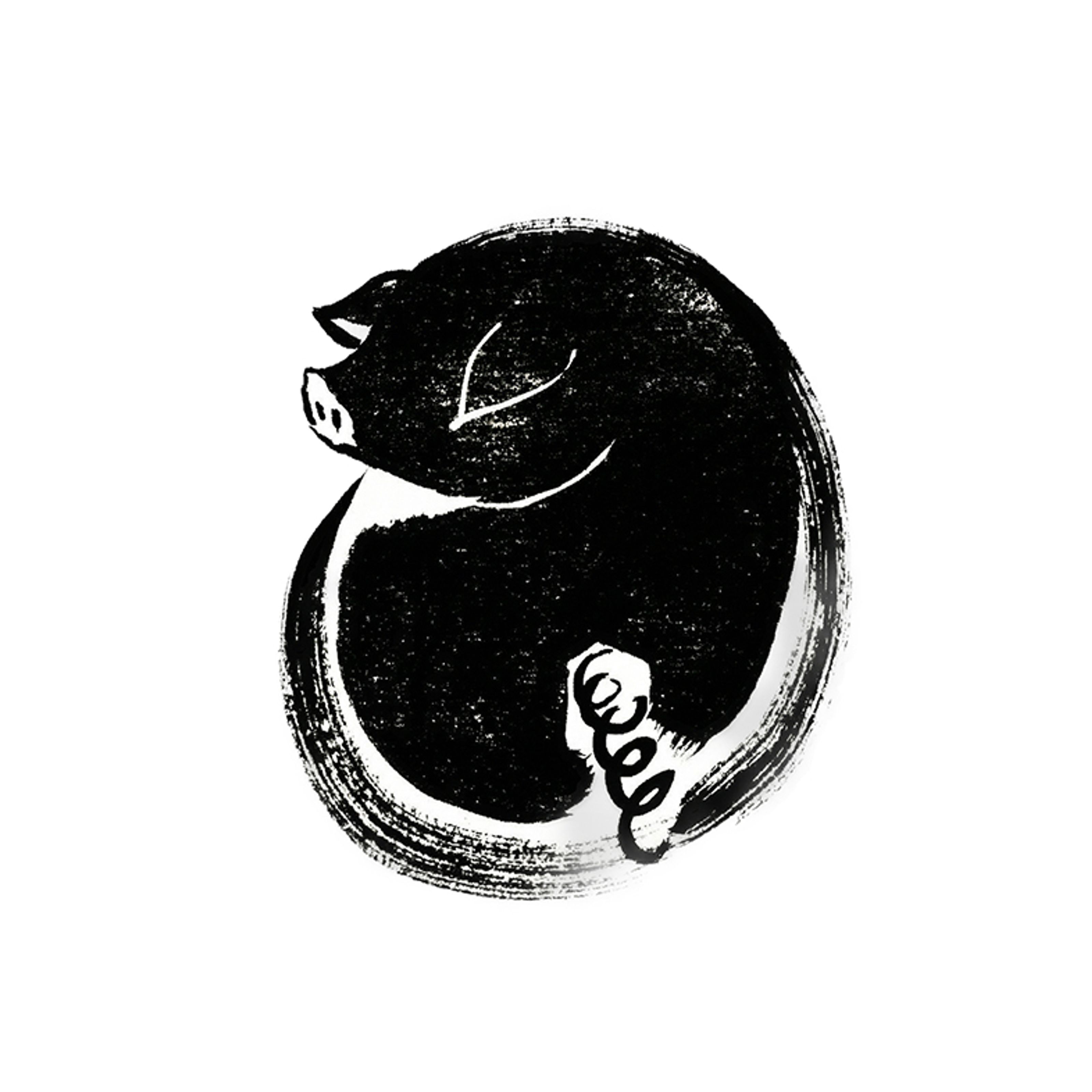 Black and white illustration of a sleeping pig curled up.