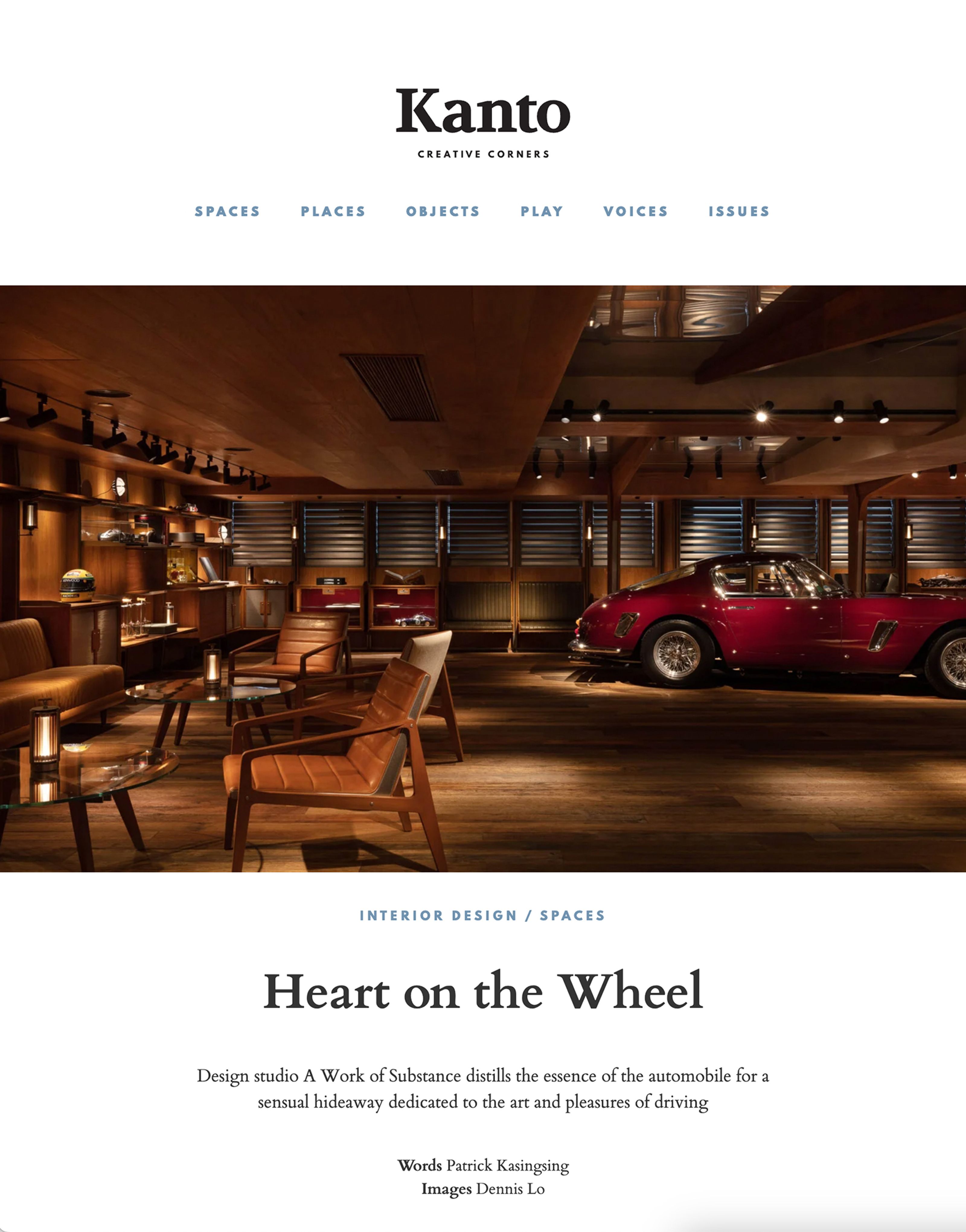 Screenshot of Kanto website article 'Heart on the Wheel' showing a luxurious wood interior with modern seating and a red vintage sports car.