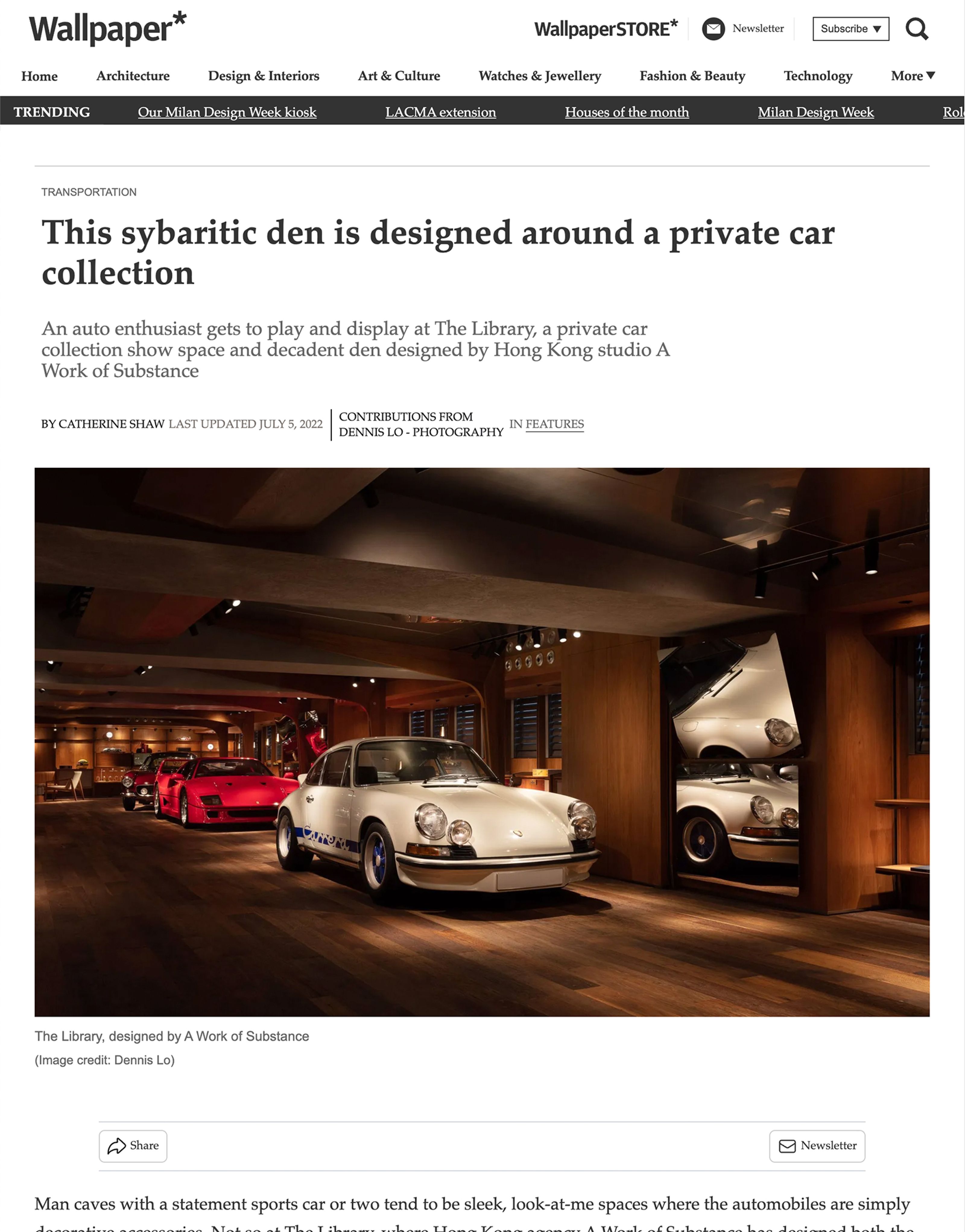 A luxurious, wood-paneled room displaying a white Porsche 911, a red Ferrari F40, and other classic cars, with Porsches stacked vertically in a storage system on the right.