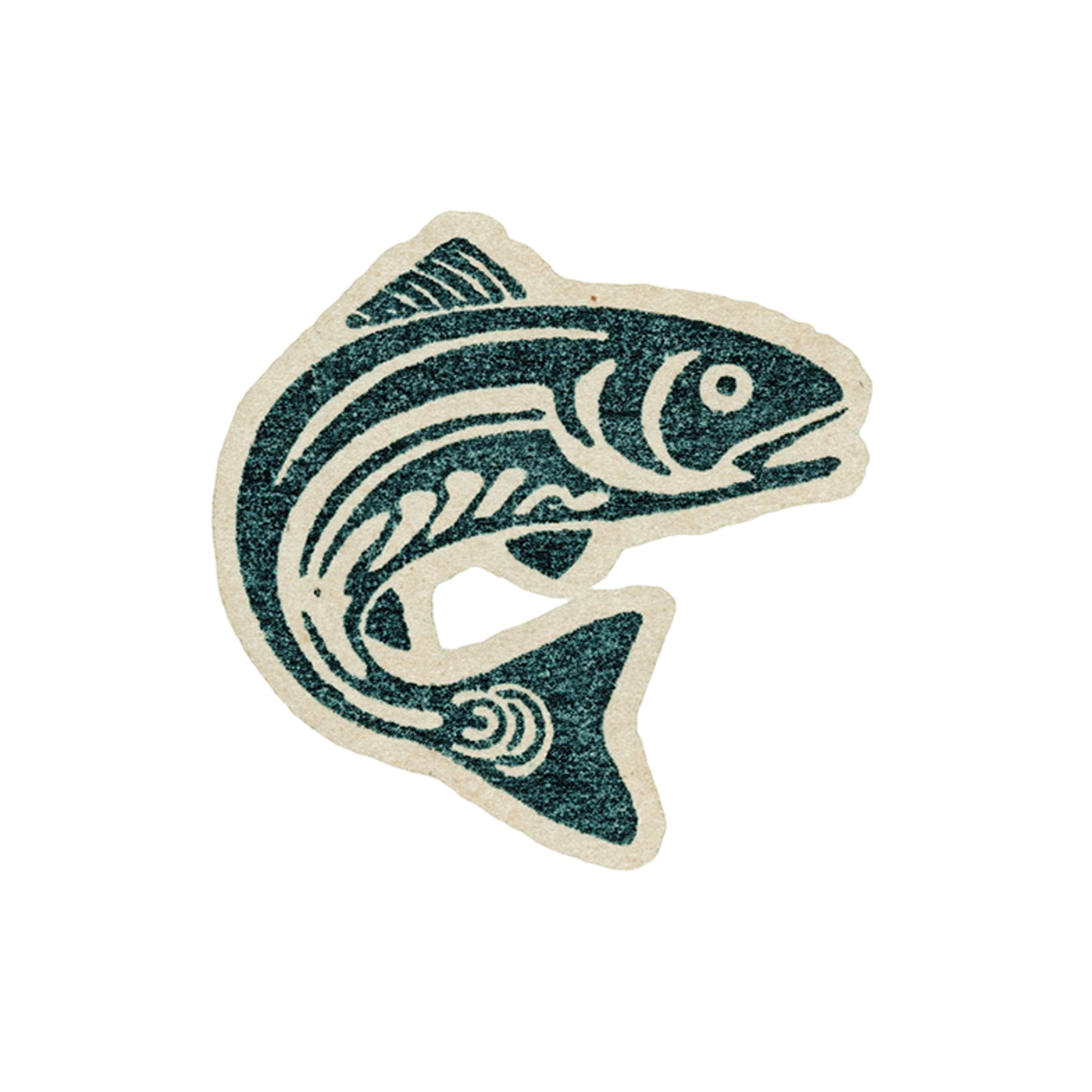 A stylized dark teal fish illustration with cream details and a textured appearance.
