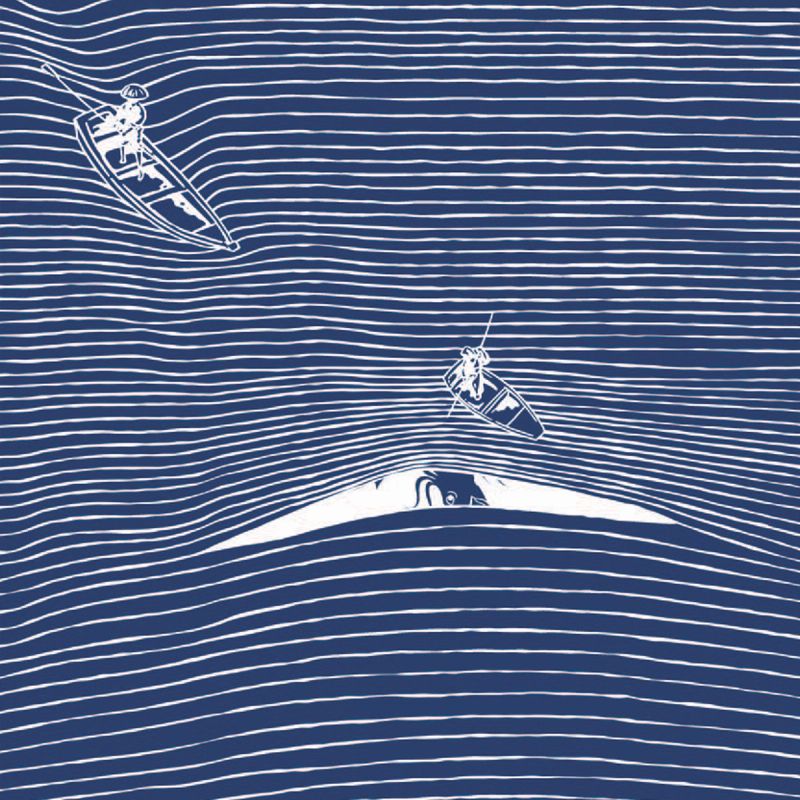 Illustration of two boats on dark blue wavy water, above a giant white face peeking from beneath the surface.