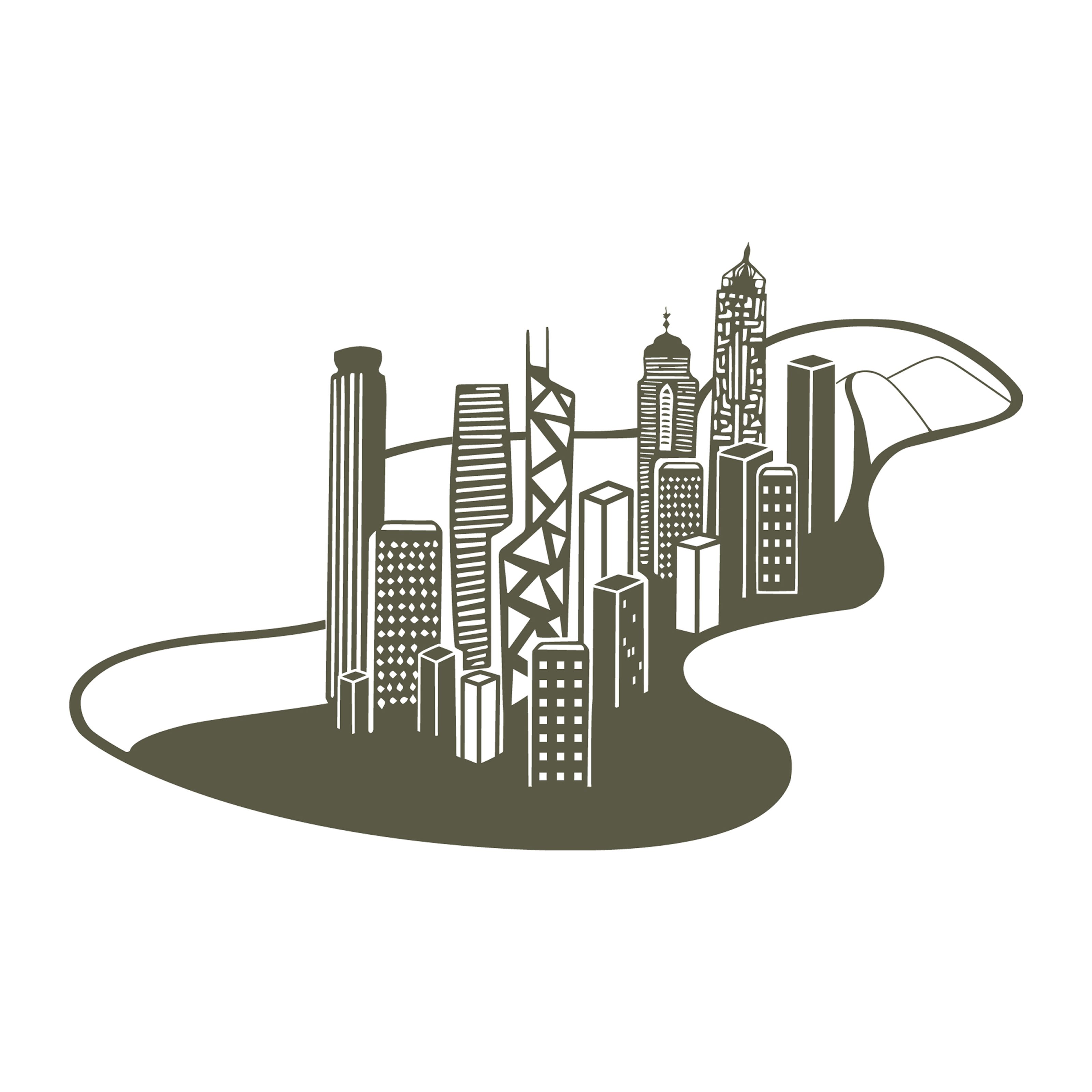 Stylized illustration of the Hong Kong city skyline with skyscrapers and mountains.