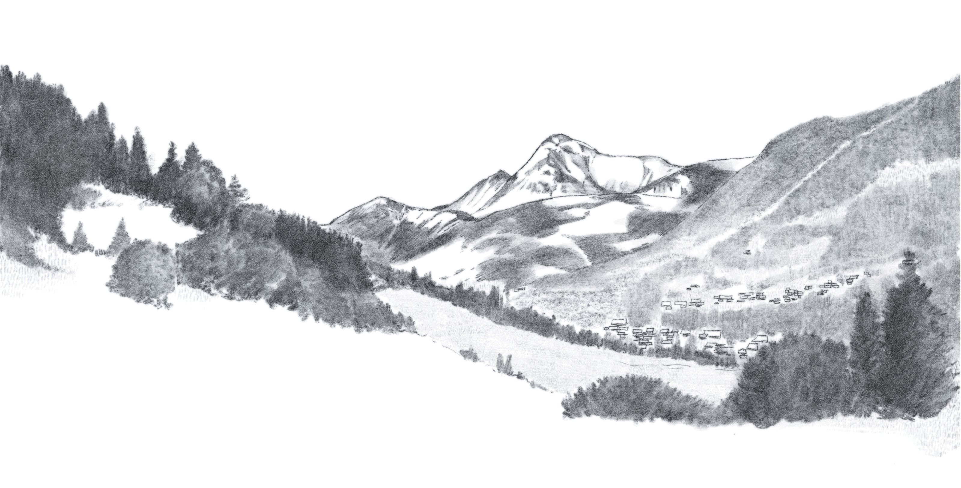 Grayscale drawing of a mountain village with snowy peaks and forested slopes.