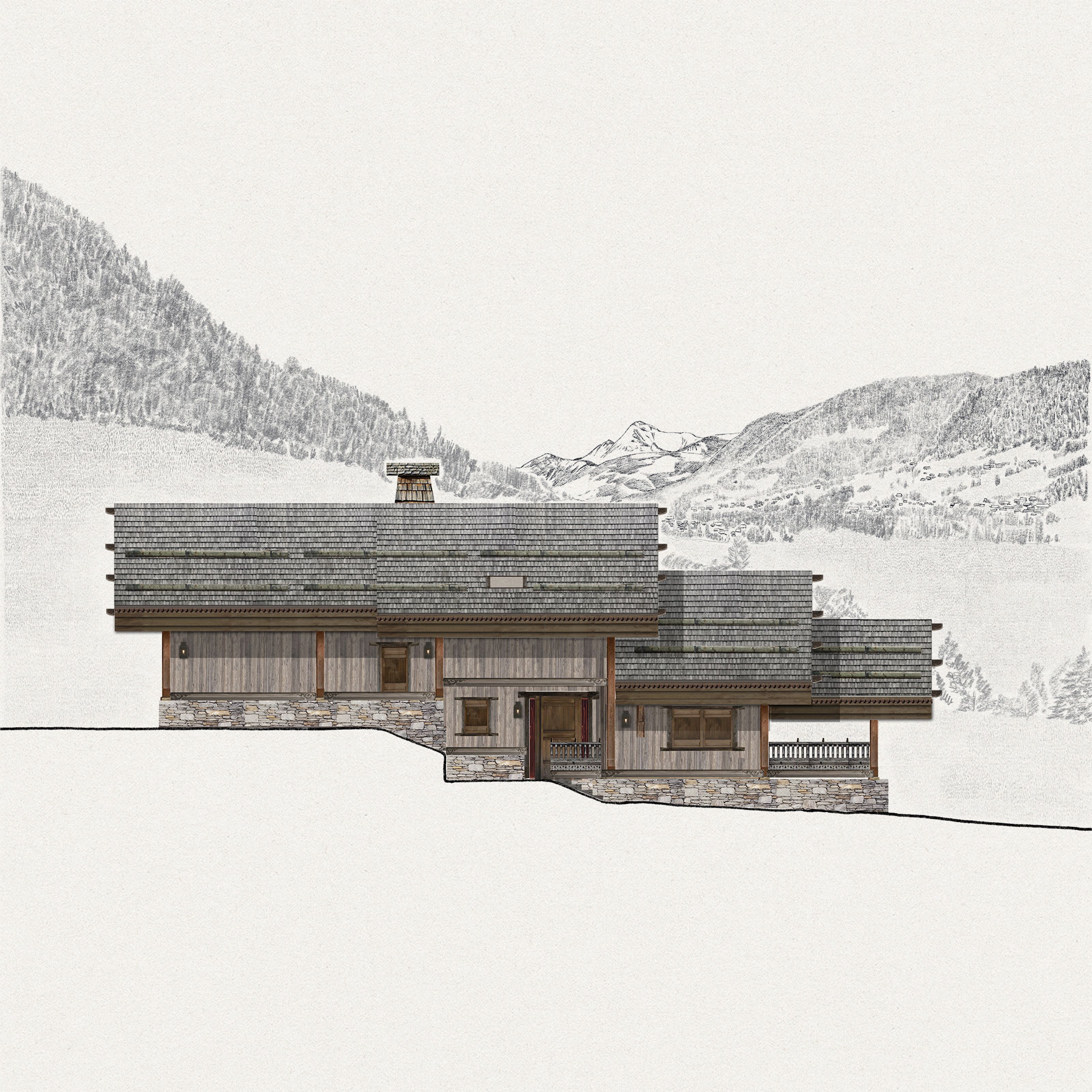 Architectural drawing of a wooden chalet with a stone base and layered shingle roof, against sketched mountains.