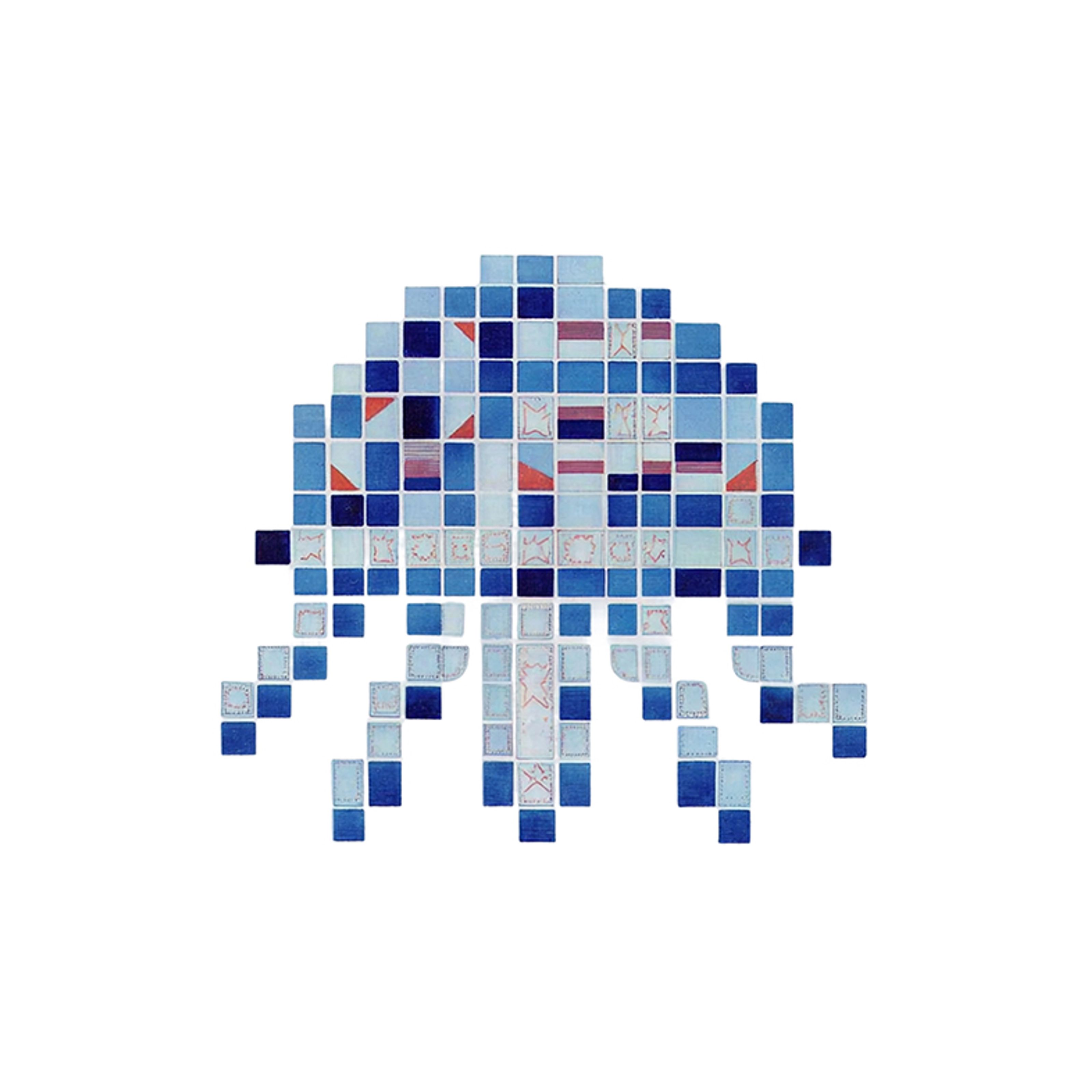 Pixel art mosaic of a blue jellyfish or Space Invader alien with red details.