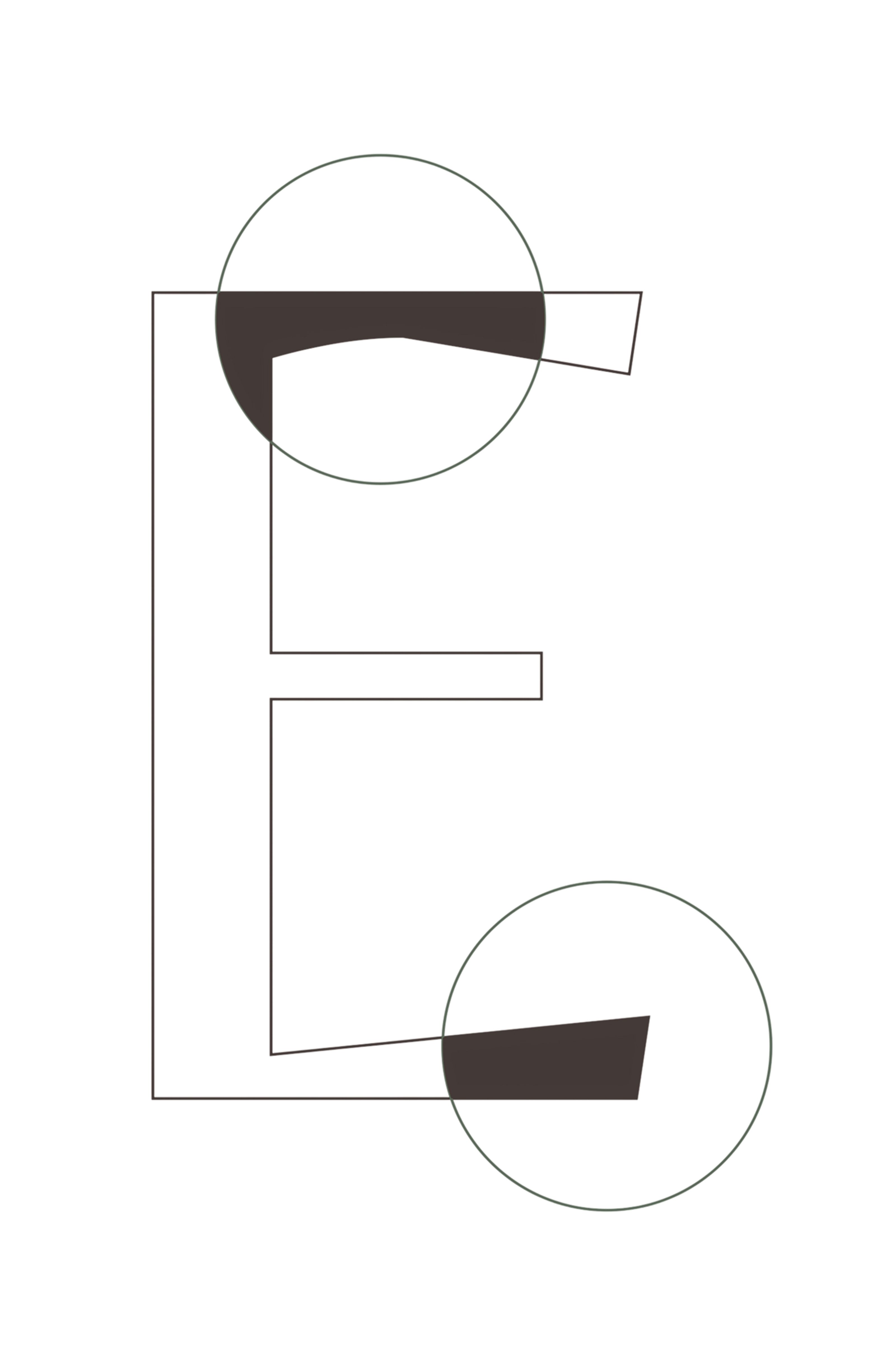 Stylized letter E formed by thin lines, with two green-outlined circles overlapping its top and bottom bars, which are filled in dark grey where they intersect.