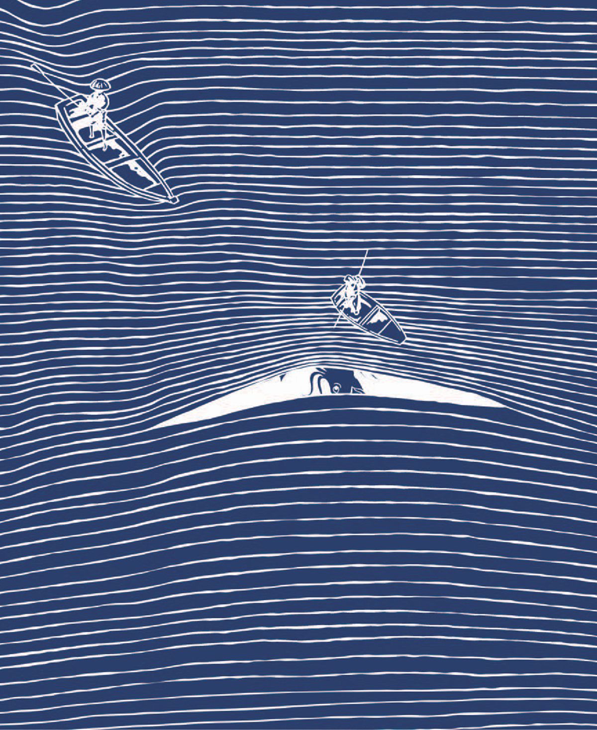 Linocut of two small boats on wavy blue water with a whale surfacing below.