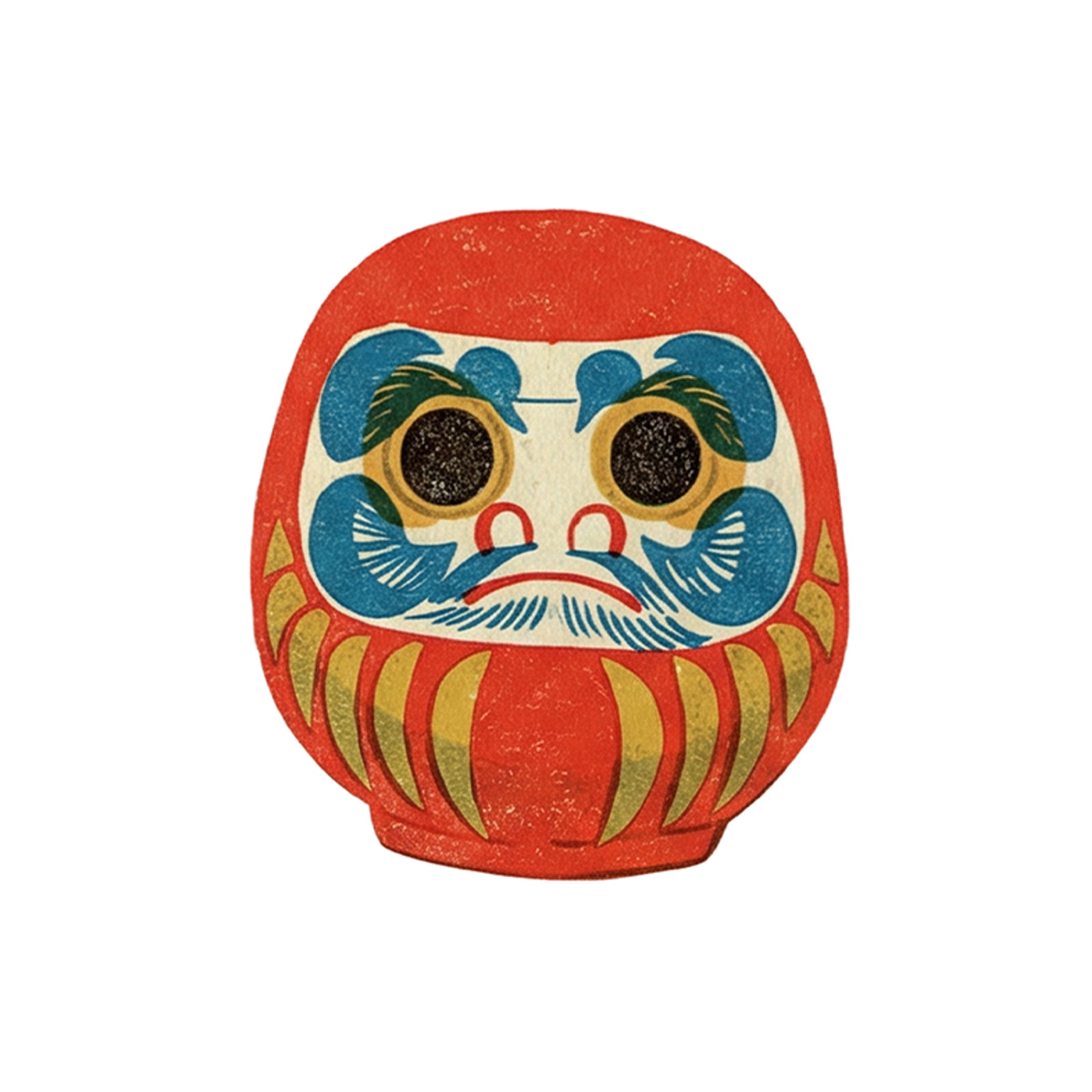 Stylized red Daruma doll illustration with white face, black eyes, blue brows, and gold accents.