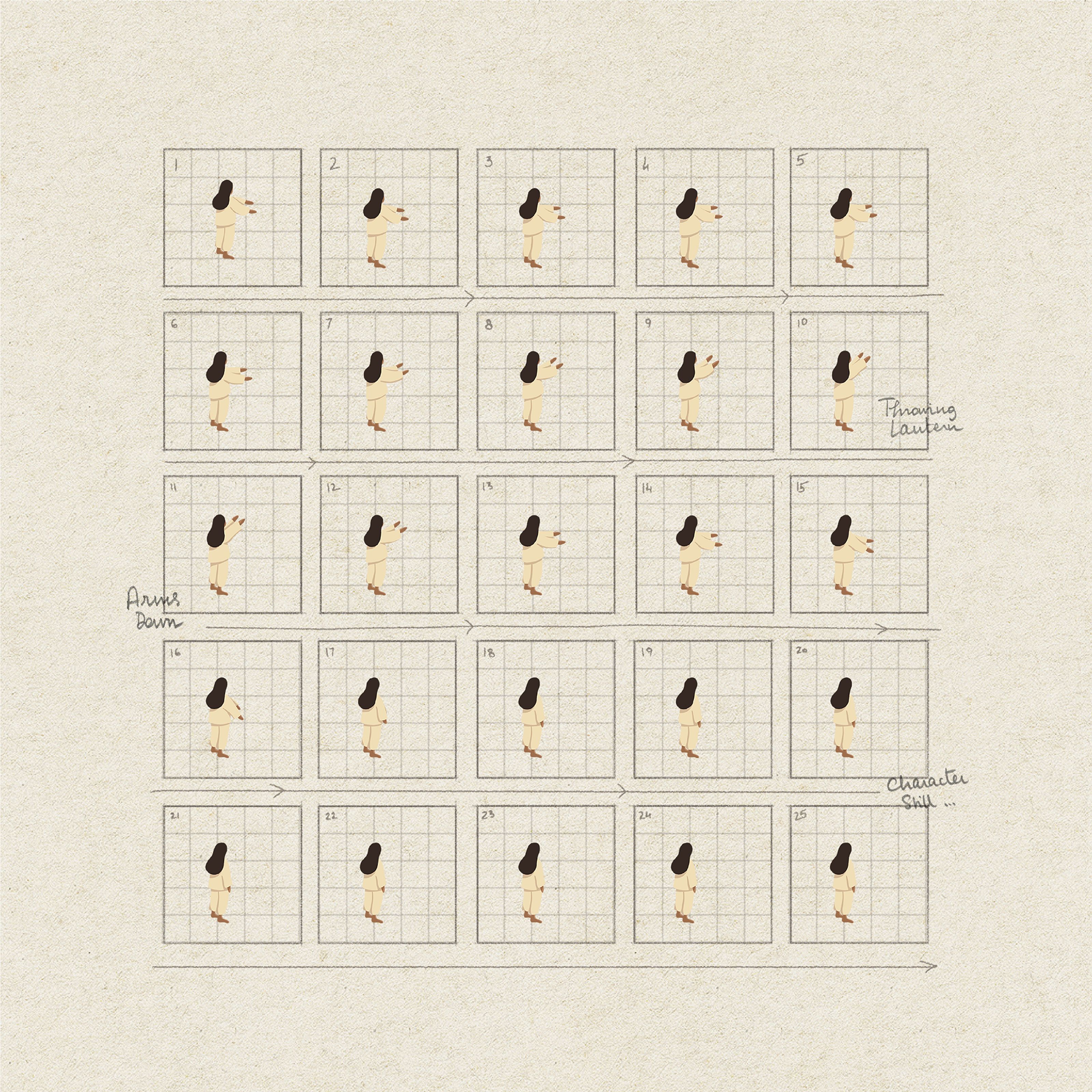 A 25-frame animation sequence of a simple character throwing, lowering arms, and shifting.