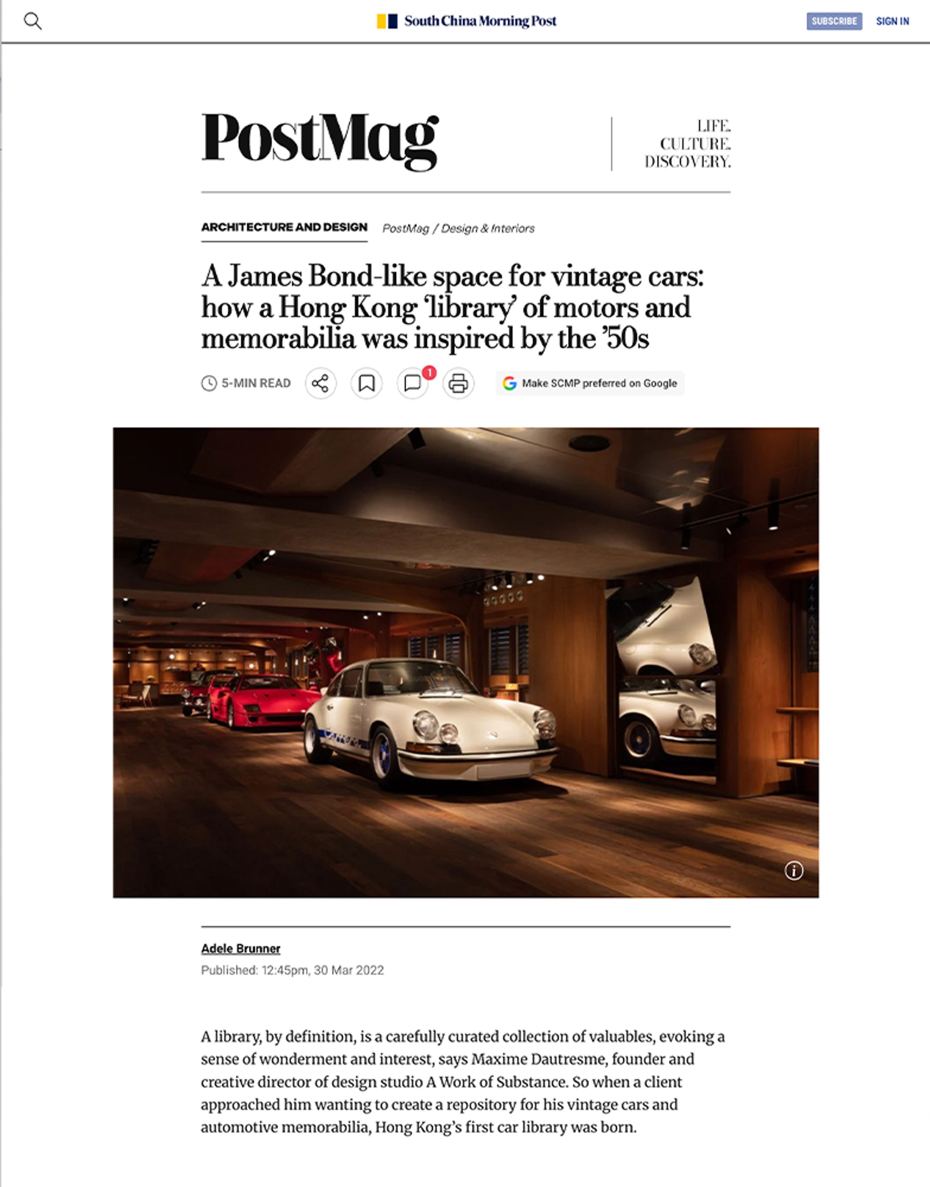 Luxurious car library with a white vintage Porsche, a red Ferrari, and other classic cars, some stacked vertically.