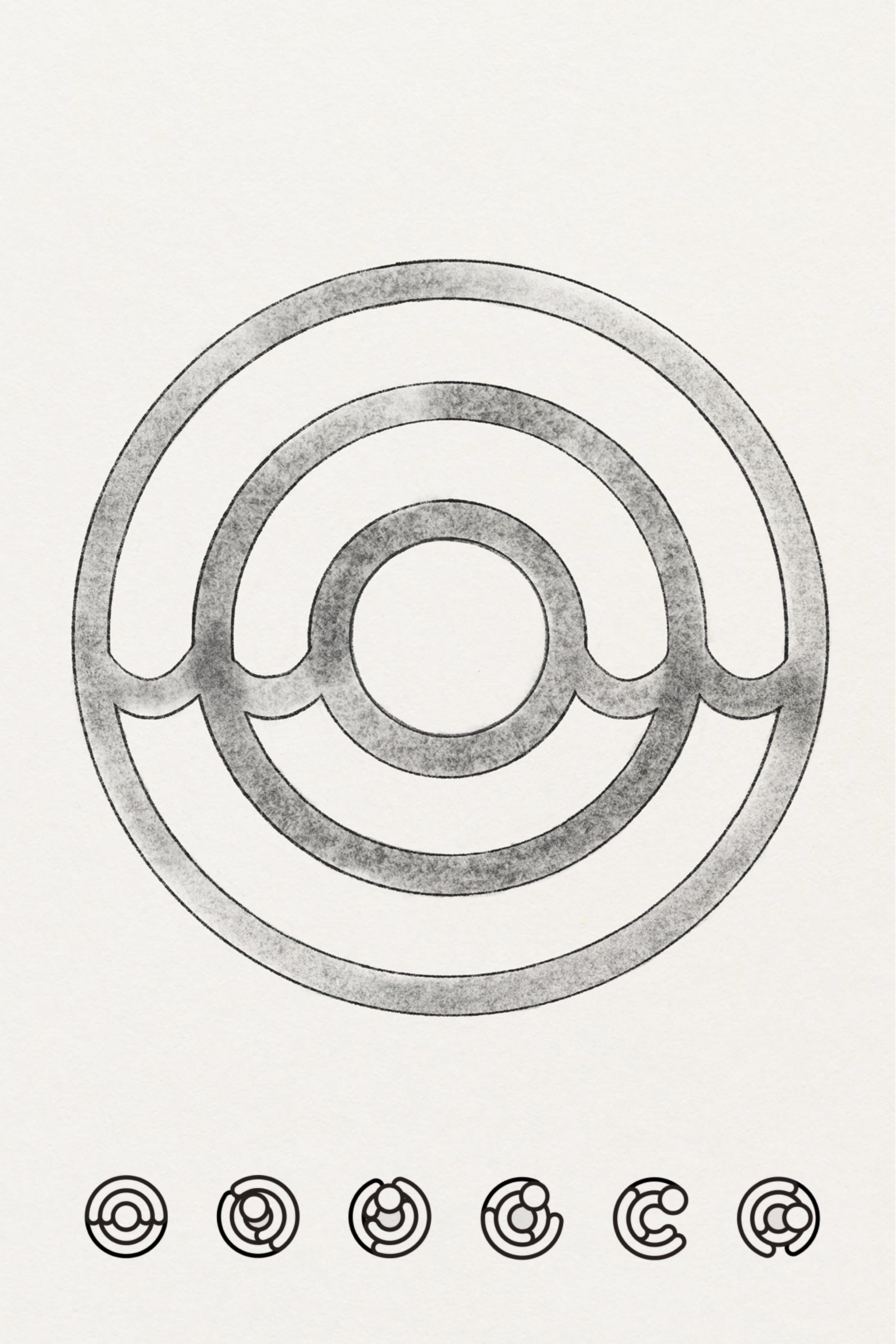 A large abstract symbol of concentric rings with a wavy segment, above a row of six smaller, similar circular symbols.
