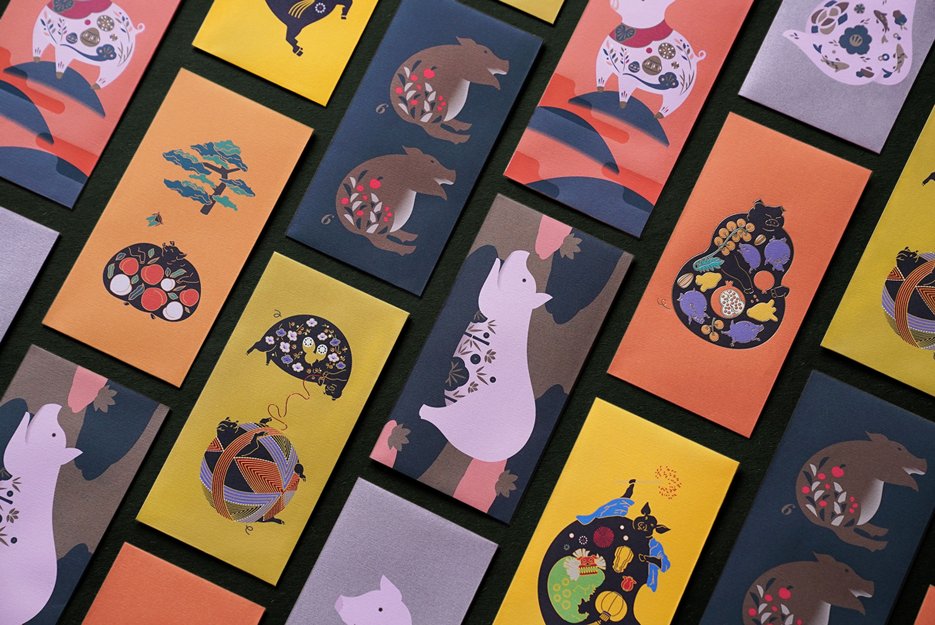 A colorful array of red packets (hongbao) featuring intricate artistic designs, many depicting pigs and boars with floral and natural motifs, spread on a dark surface.