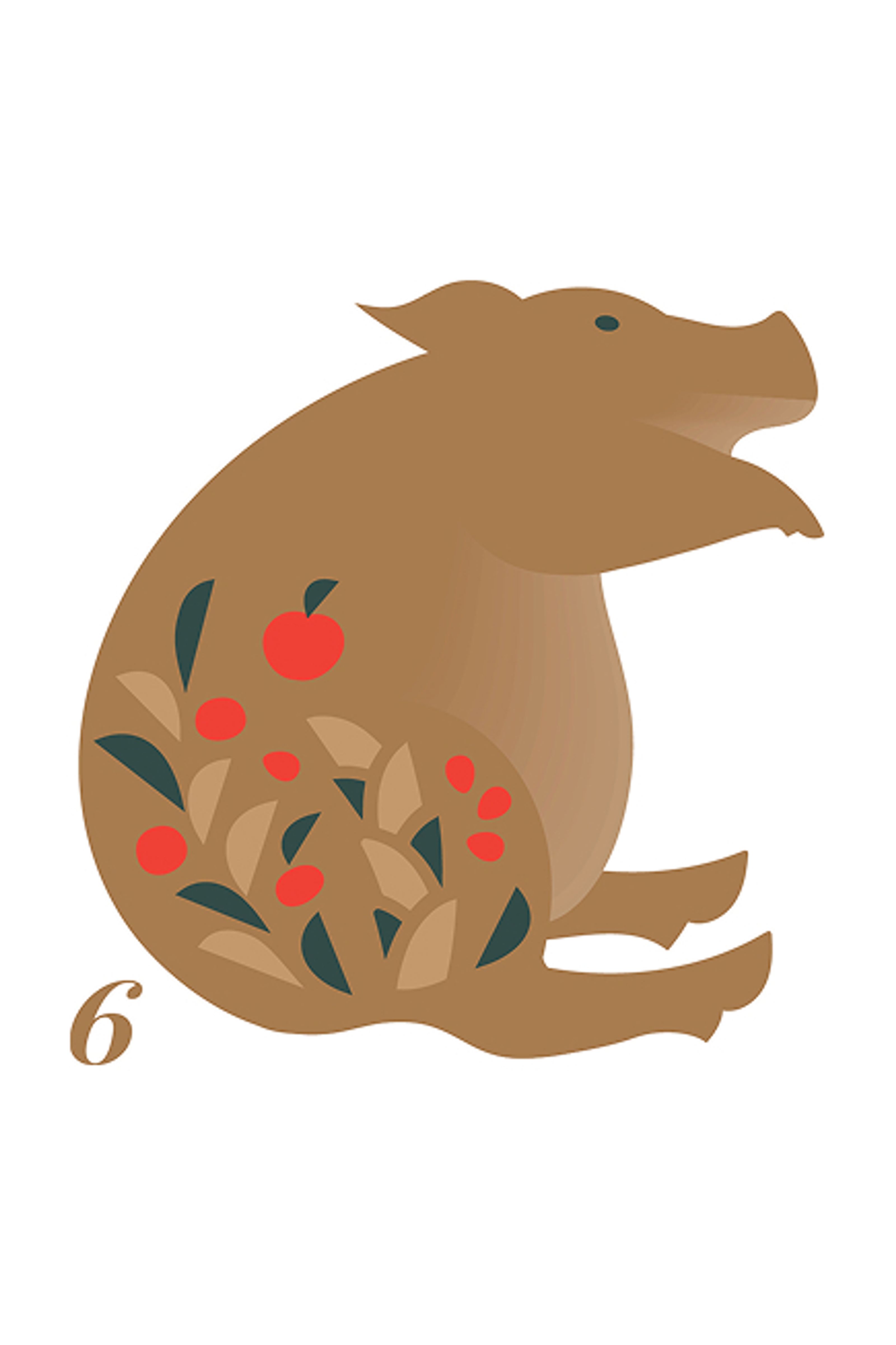 Stylized brown pig with red berries and leaves, and the number 6.