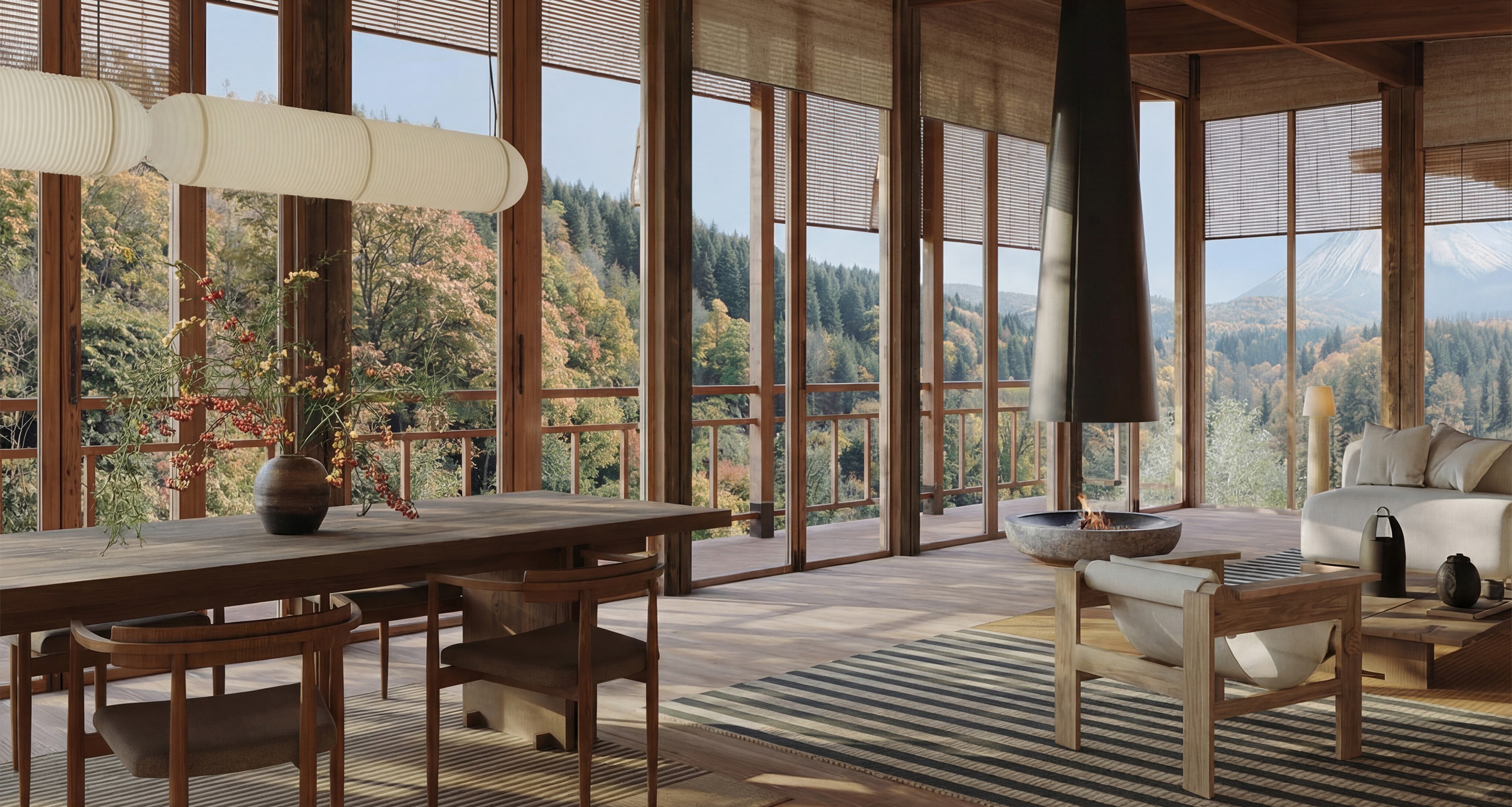 A modern open-plan living and dining room with large windows overlooking an autumn forest and mountains, featuring a hanging fireplace.