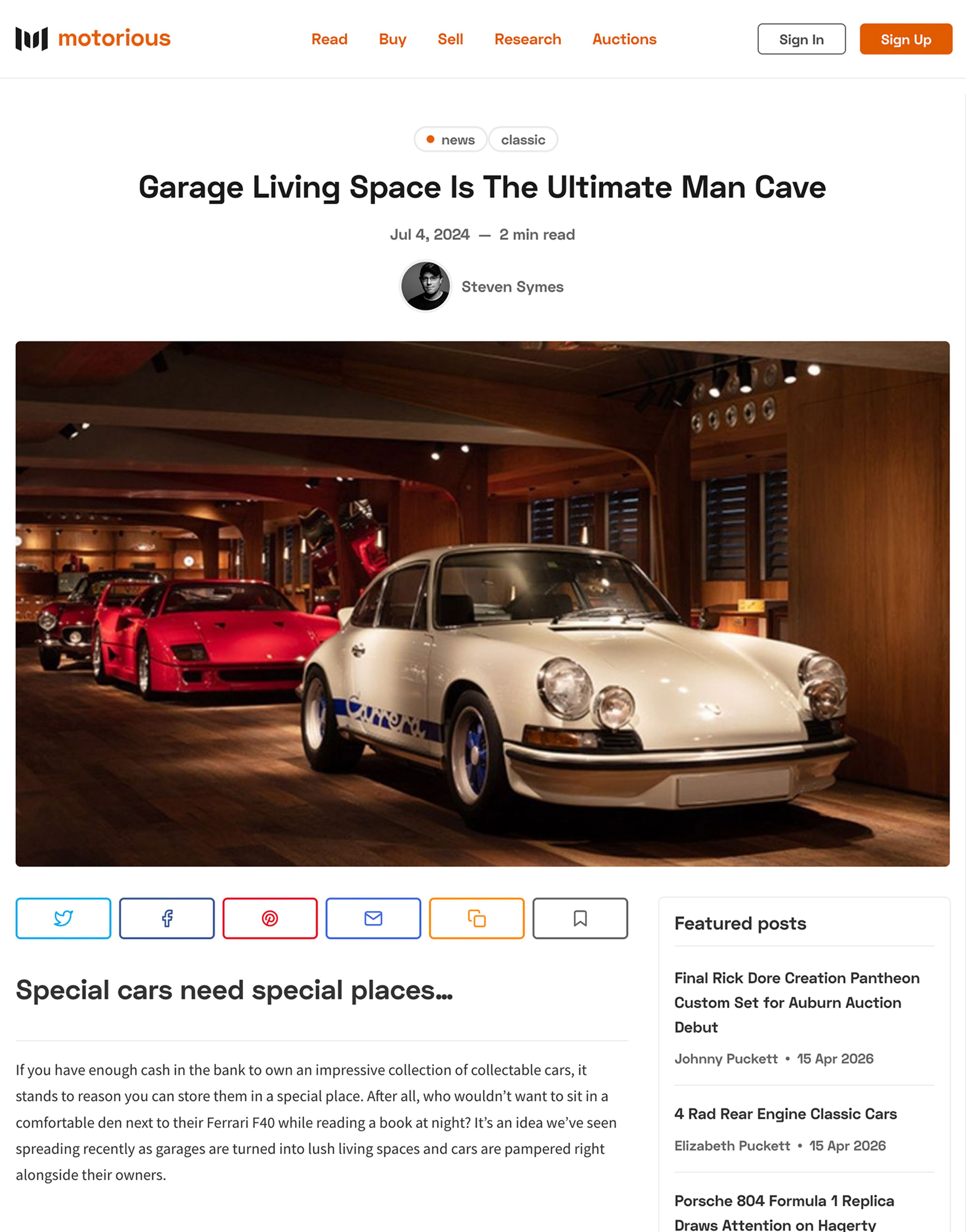 A white vintage Porsche and a red Ferrari F40 in a luxurious, wood-paneled garage.