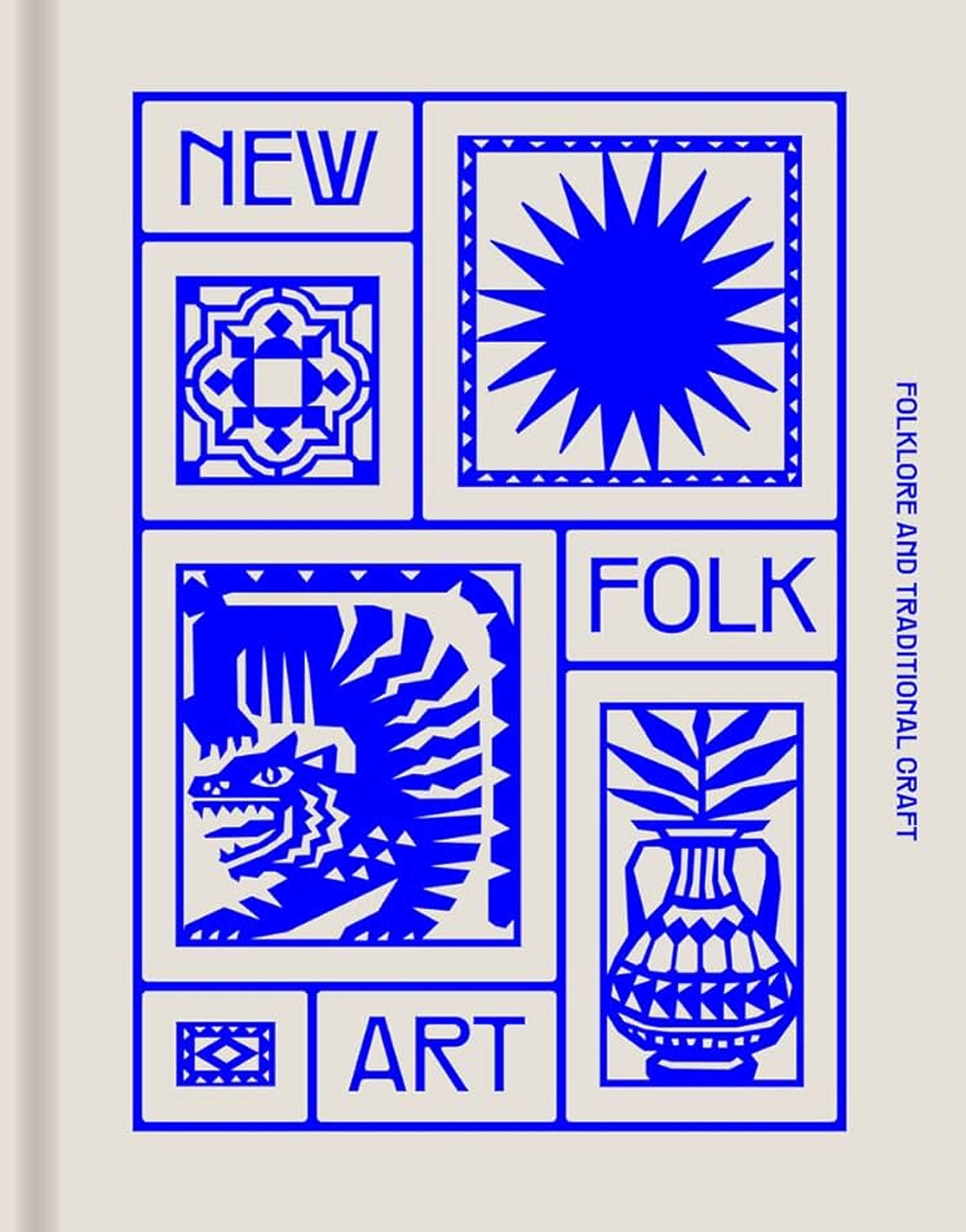 Blue and beige graphic with "NEW FOLK ART" text, "FOLKLORE AND TRADITIONAL CRAFT", a starburst, geometric patterns, a mythical creature, and a vase.