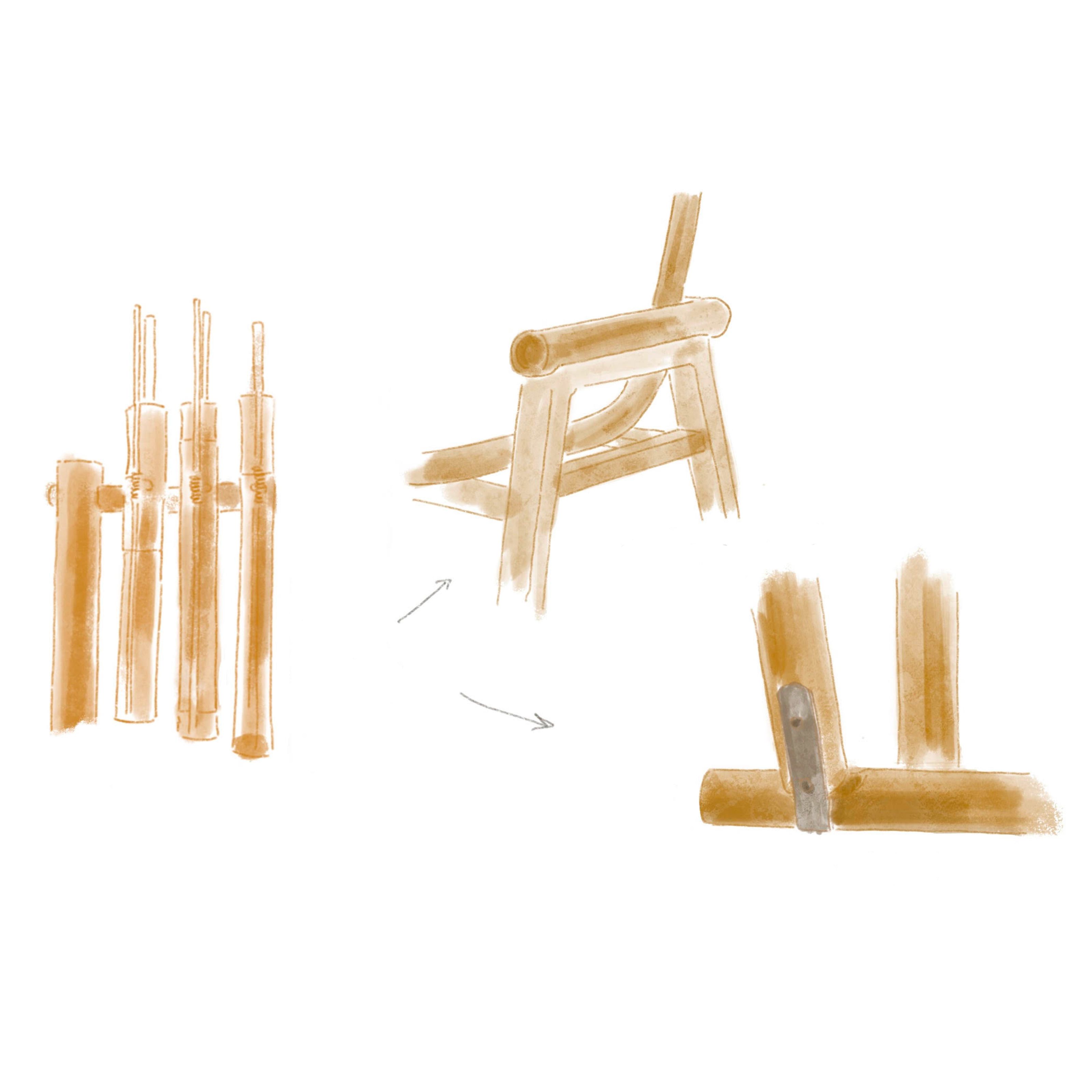 Sketches showing the assembly of a bamboo chair from components, highlighting a joint detail.