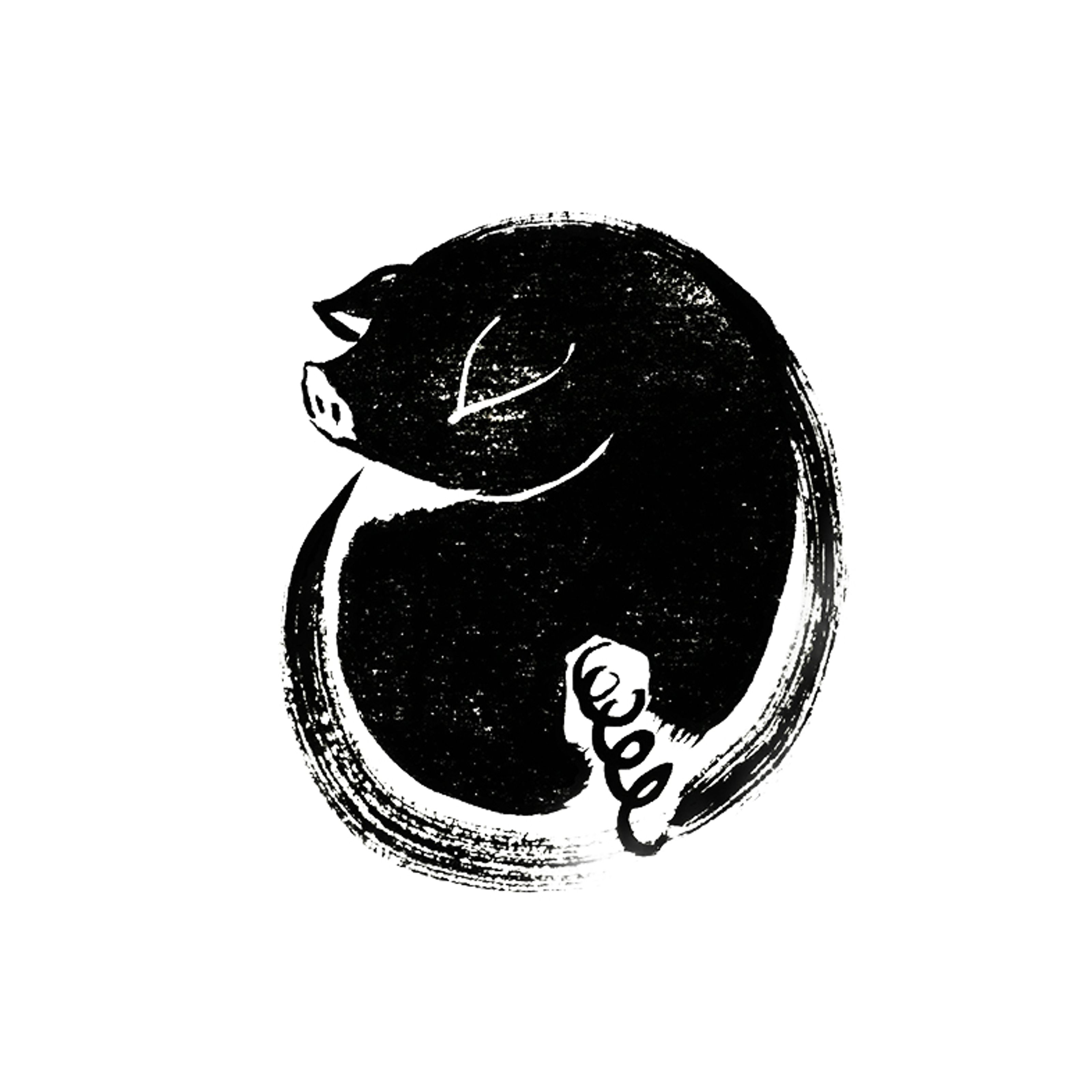 Black brushstroke illustration of a pig curled up, sleeping.