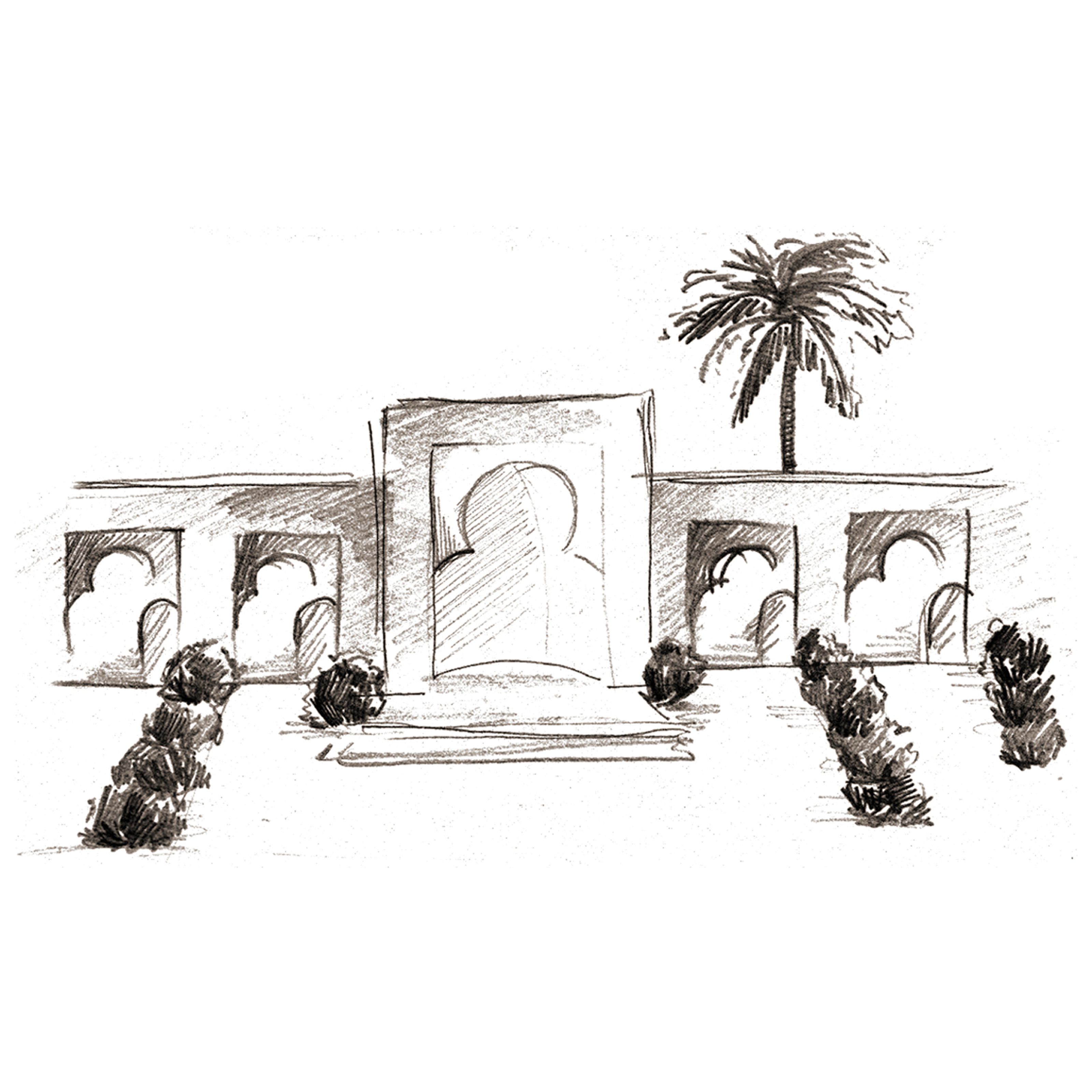Pencil sketch of a building with Moorish arches, a palm tree, and hedges.