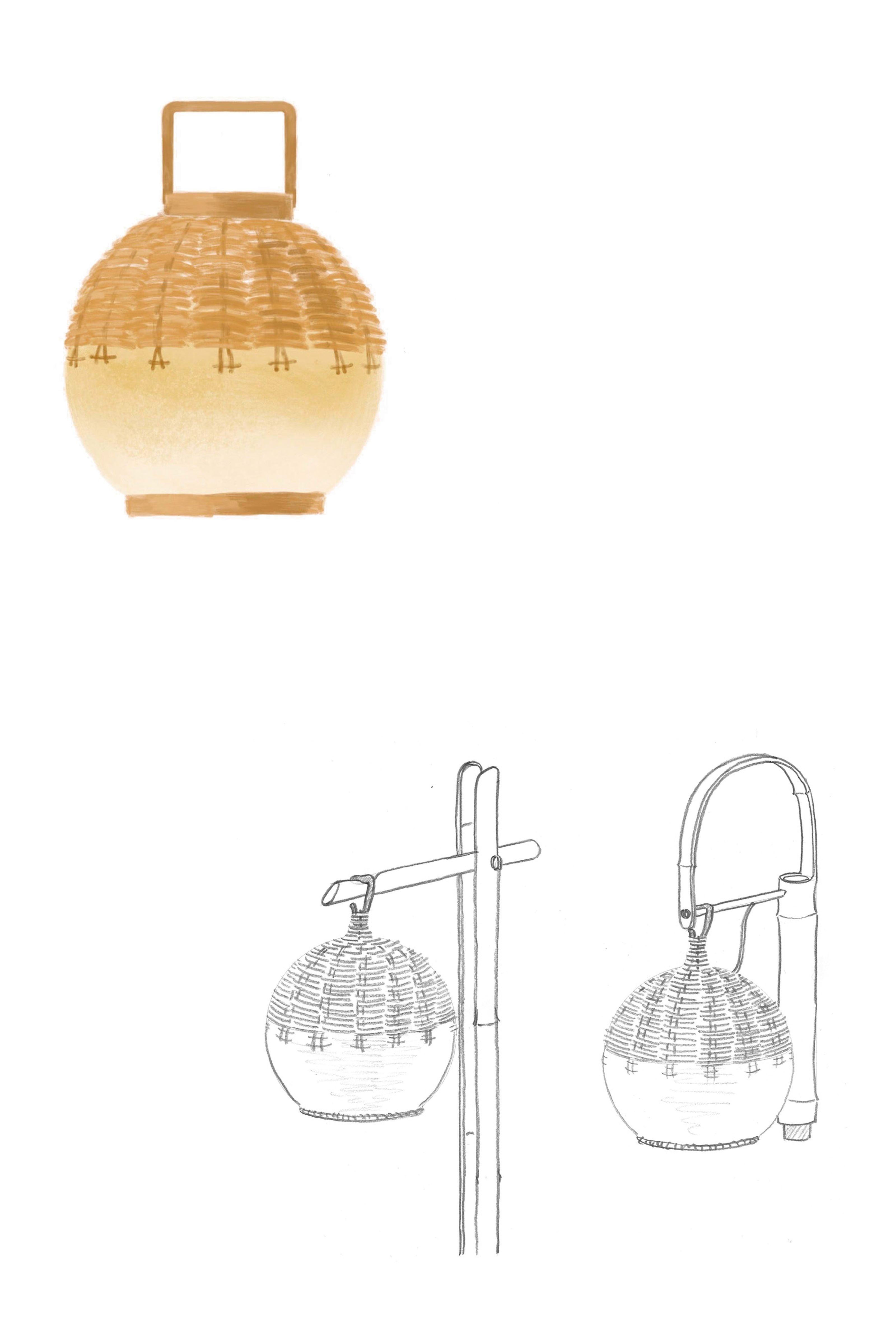 A colored woven lantern and two line drawings of similar lanterns on bamboo mounts.