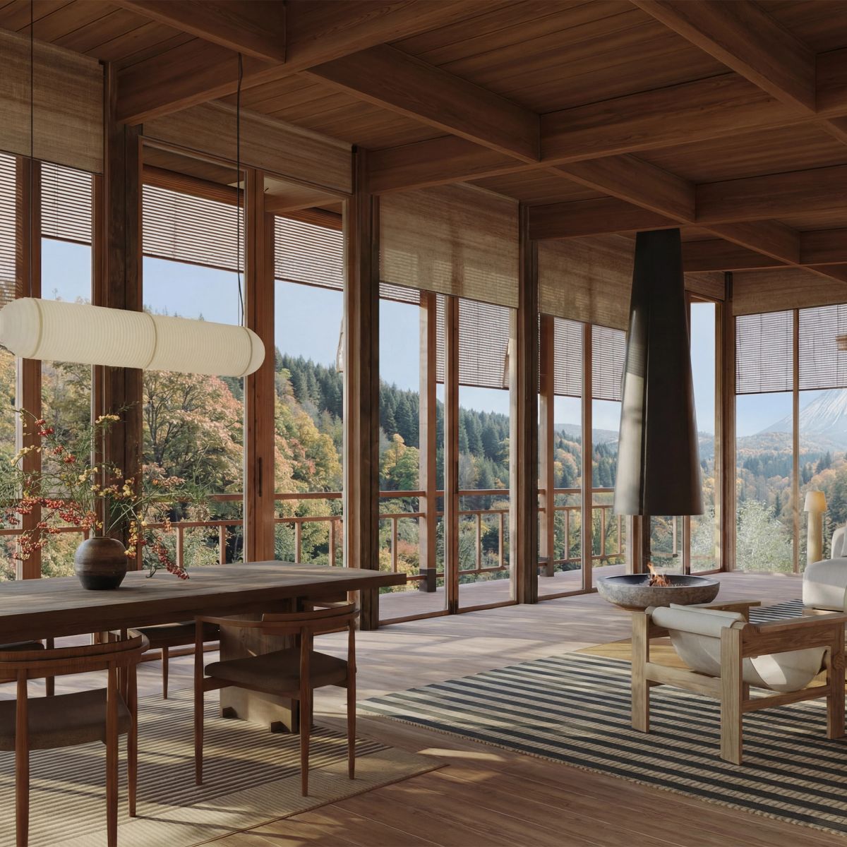 Modern wooden room with panoramic autumn forest views, dining area, and a hanging fireplace.