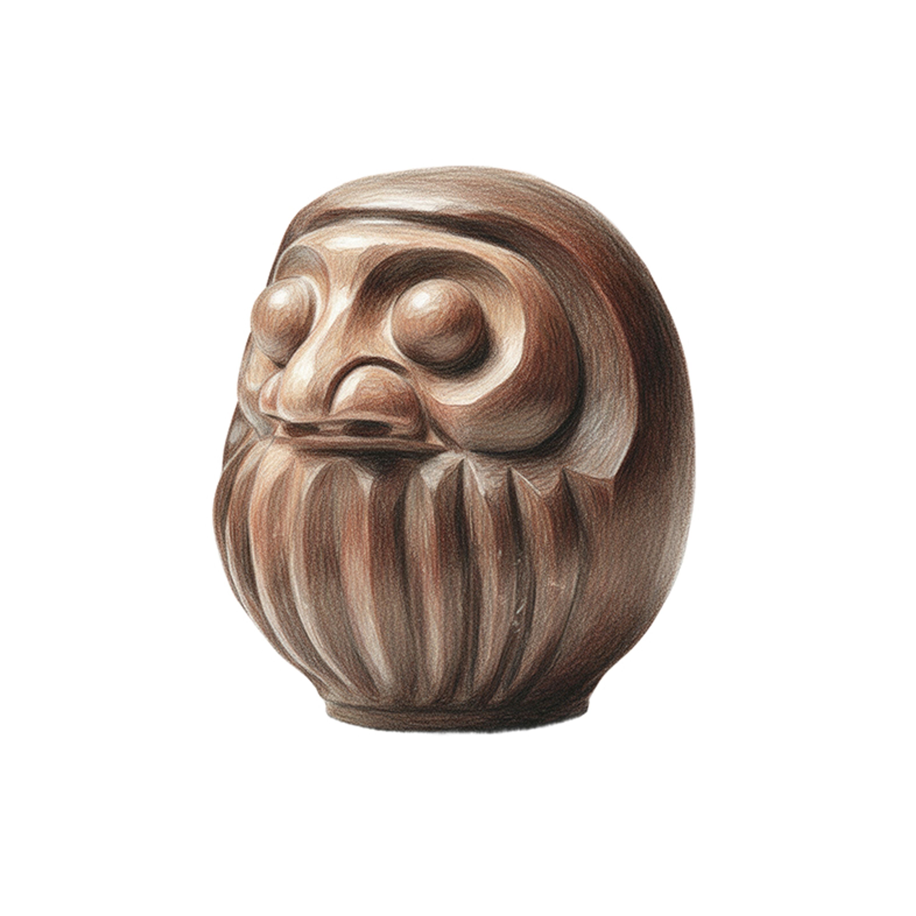 Colored pencil illustration of a carved brown Daruma doll.