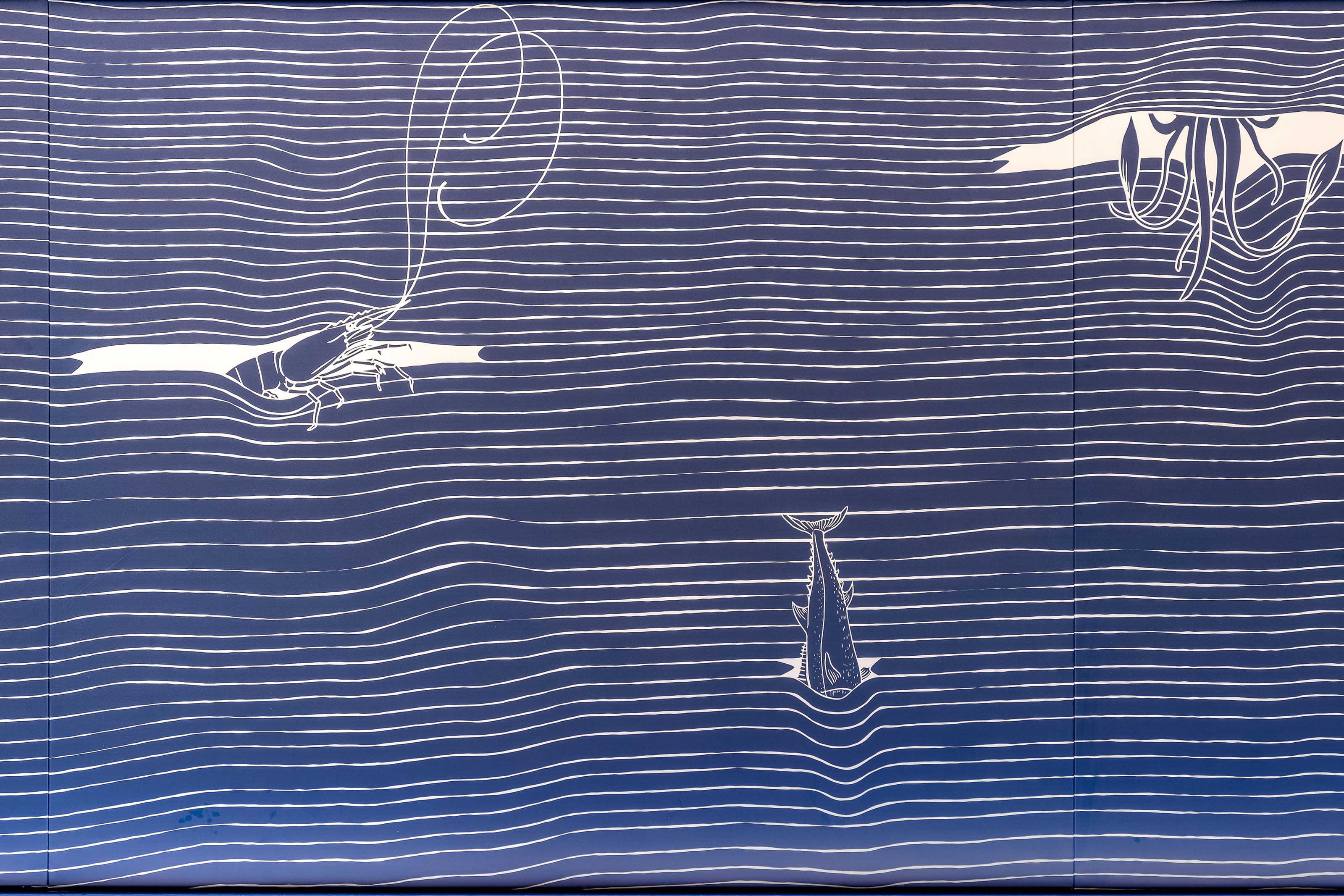 White line art of a shrimp, fish tail, and tentacles against a dark blue background with horizontal wavy lines.