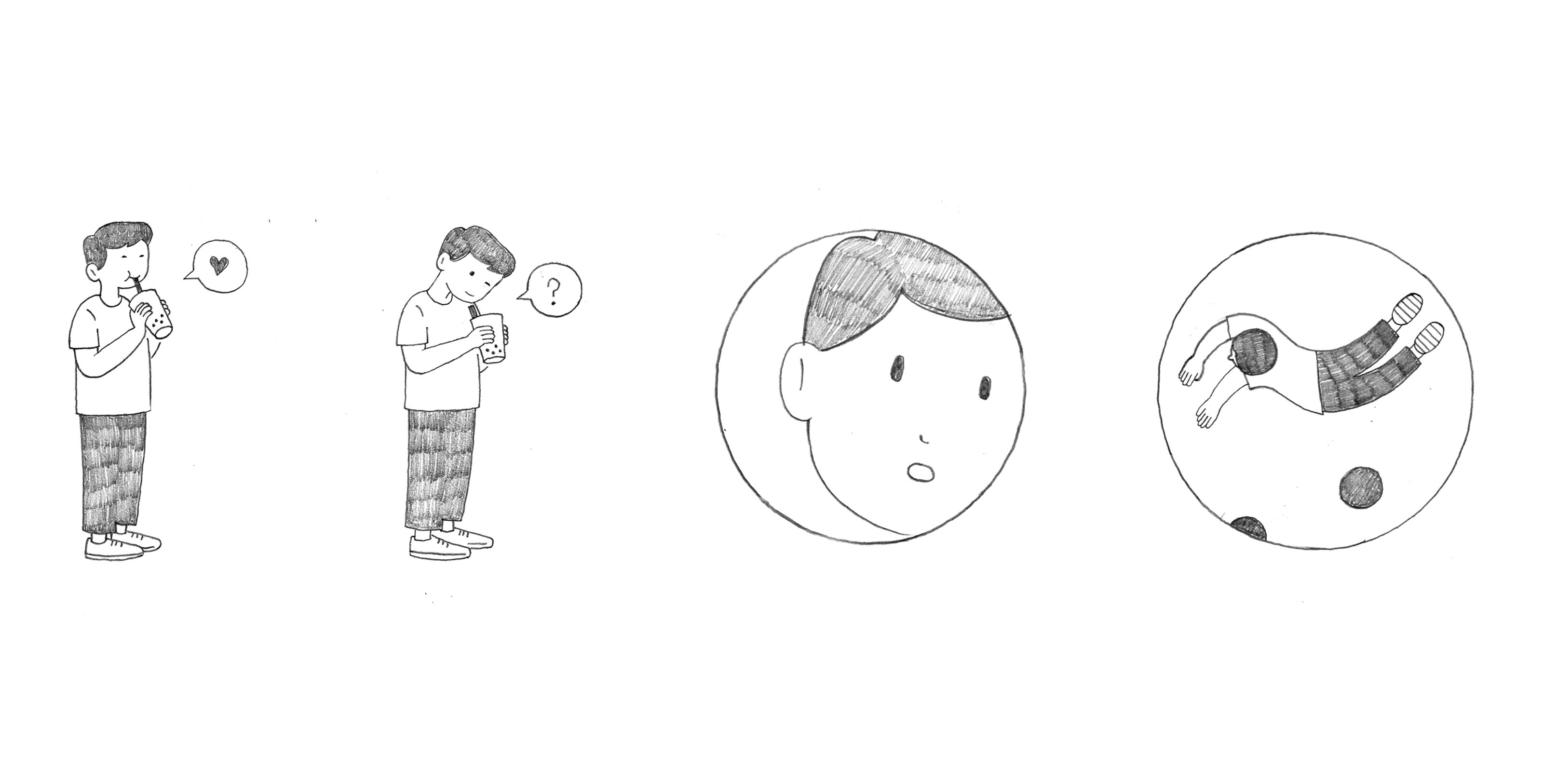 A four-panel illustration shows a person drinking happily, then looking confused at a phone, followed by a close-up of their surprised face, and finally, them floating on their back in a circular space.