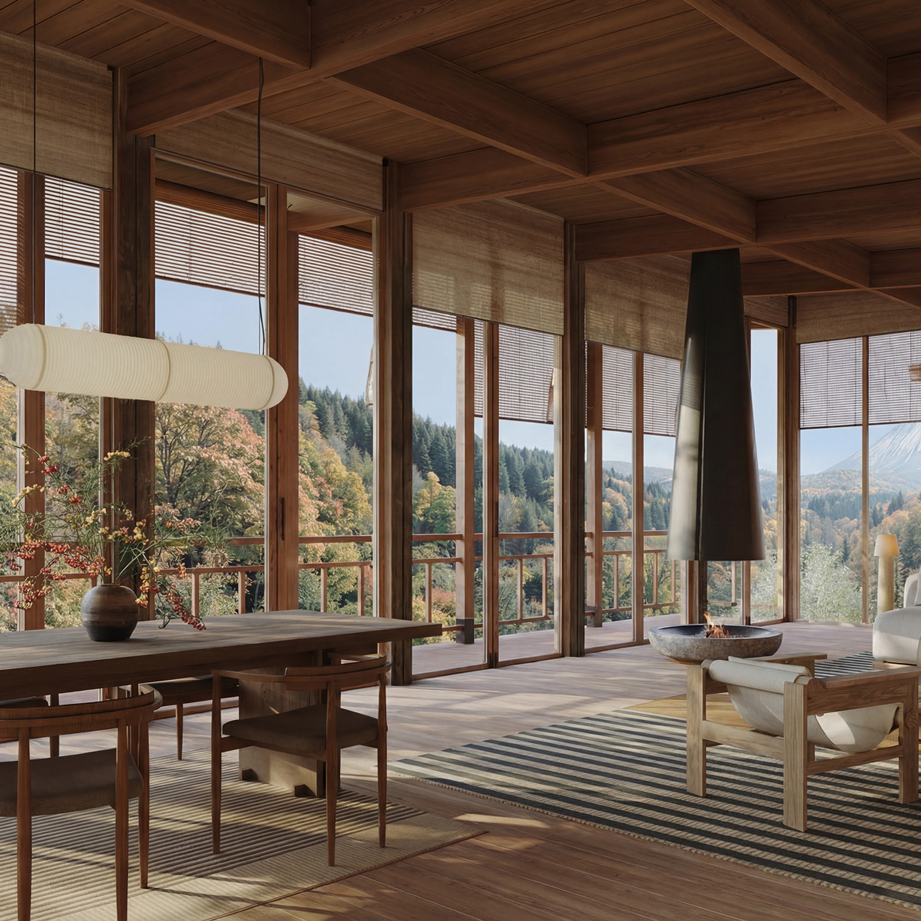 Modern room with large windows overlooking an autumn forest and mountains, featuring dining and living areas.