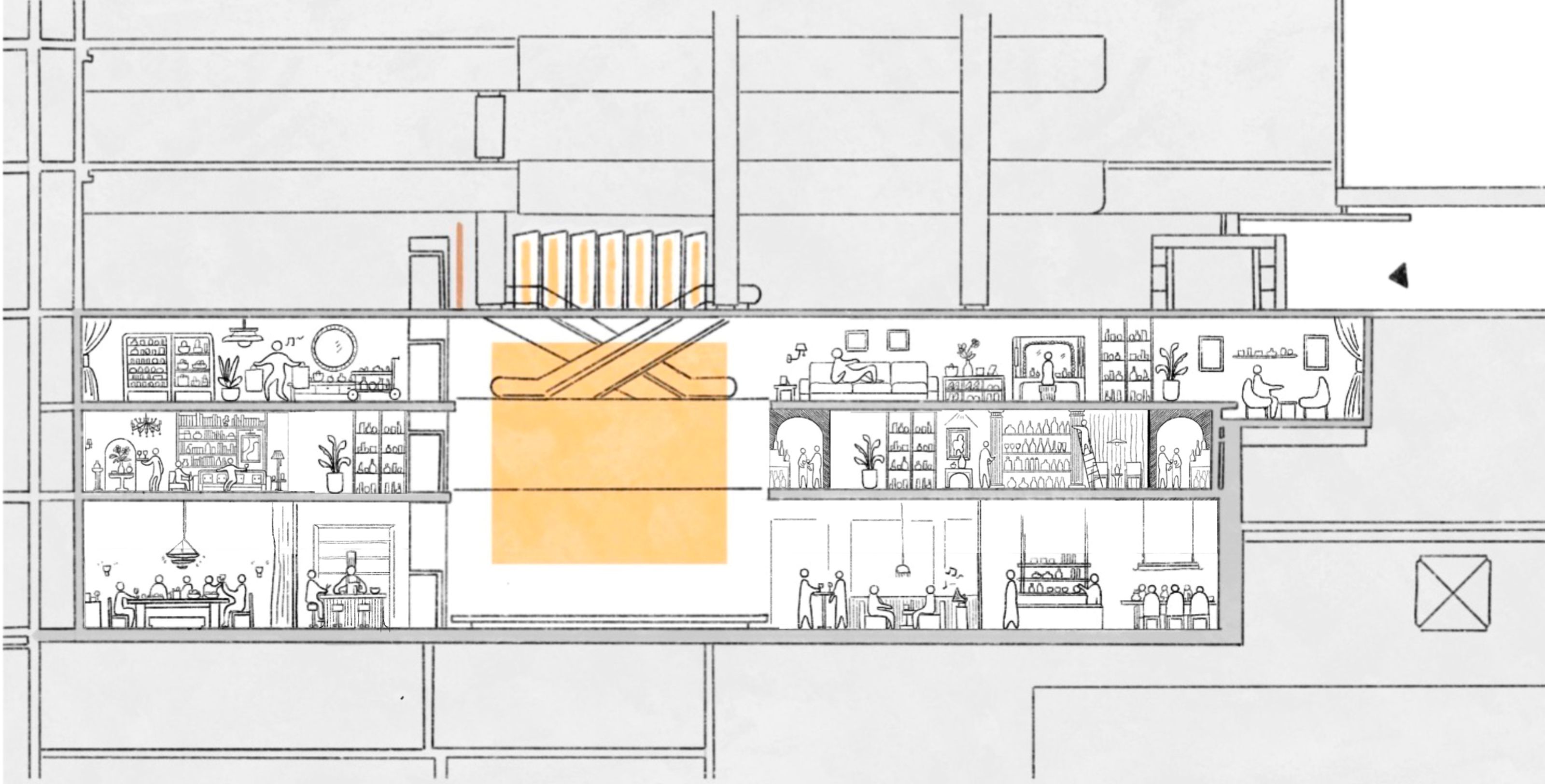Architectural cross-section of a multi-story building interior with various shops, cafes, people, and orange-highlighted escalators.