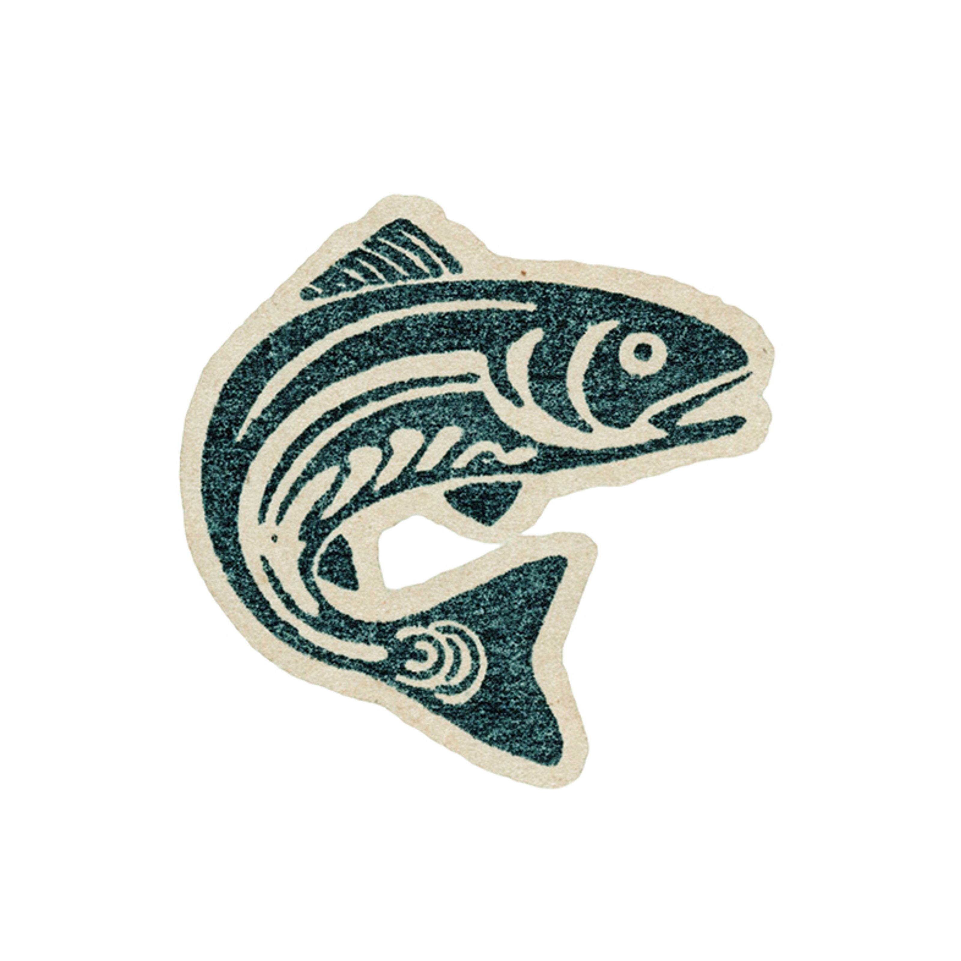 Green stylized fish with spiral eye and segmented body.