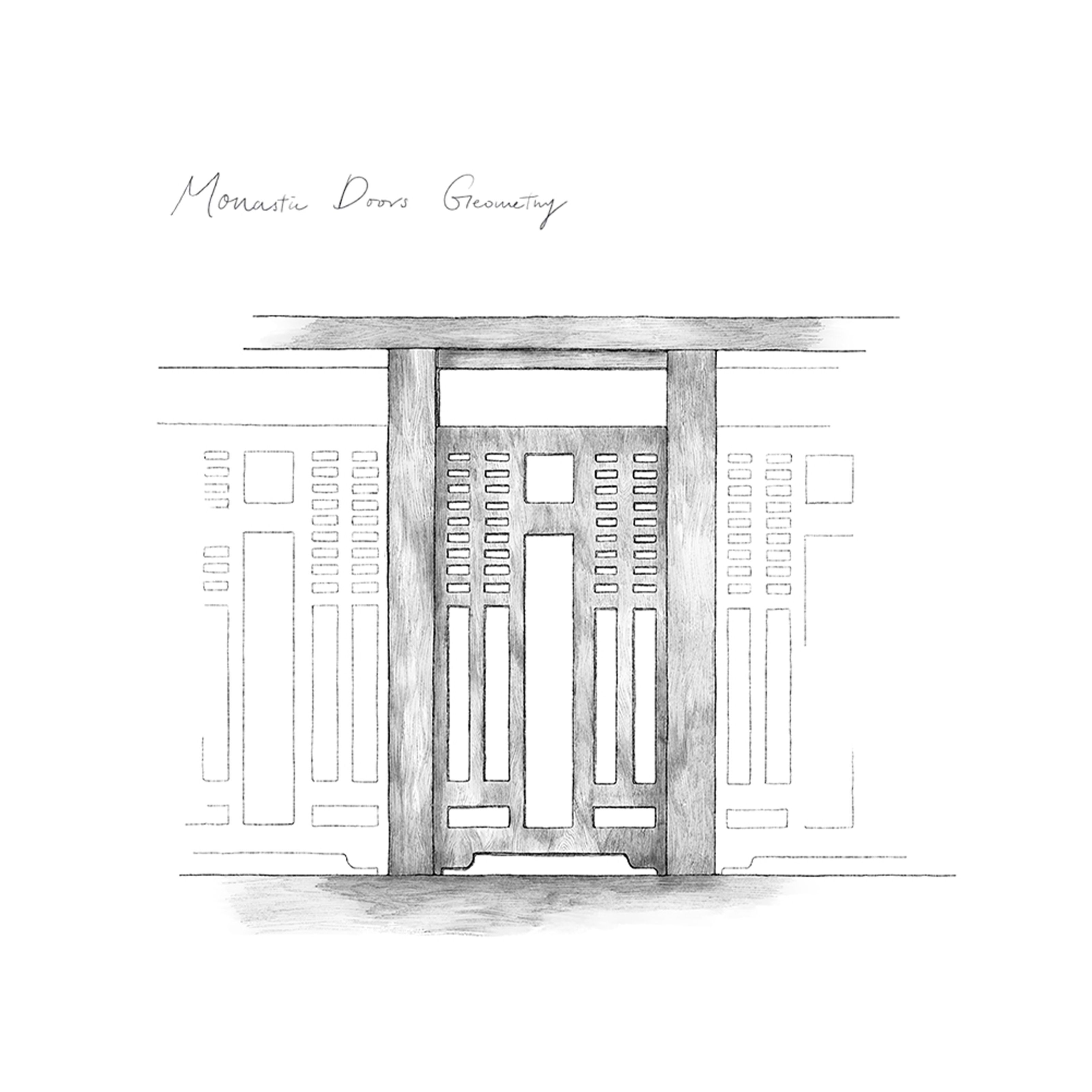 Pencil drawing titled 'Monastic Doors Geometry' showing a detailed, geometric wooden door with lighter surrounding architectural elements.