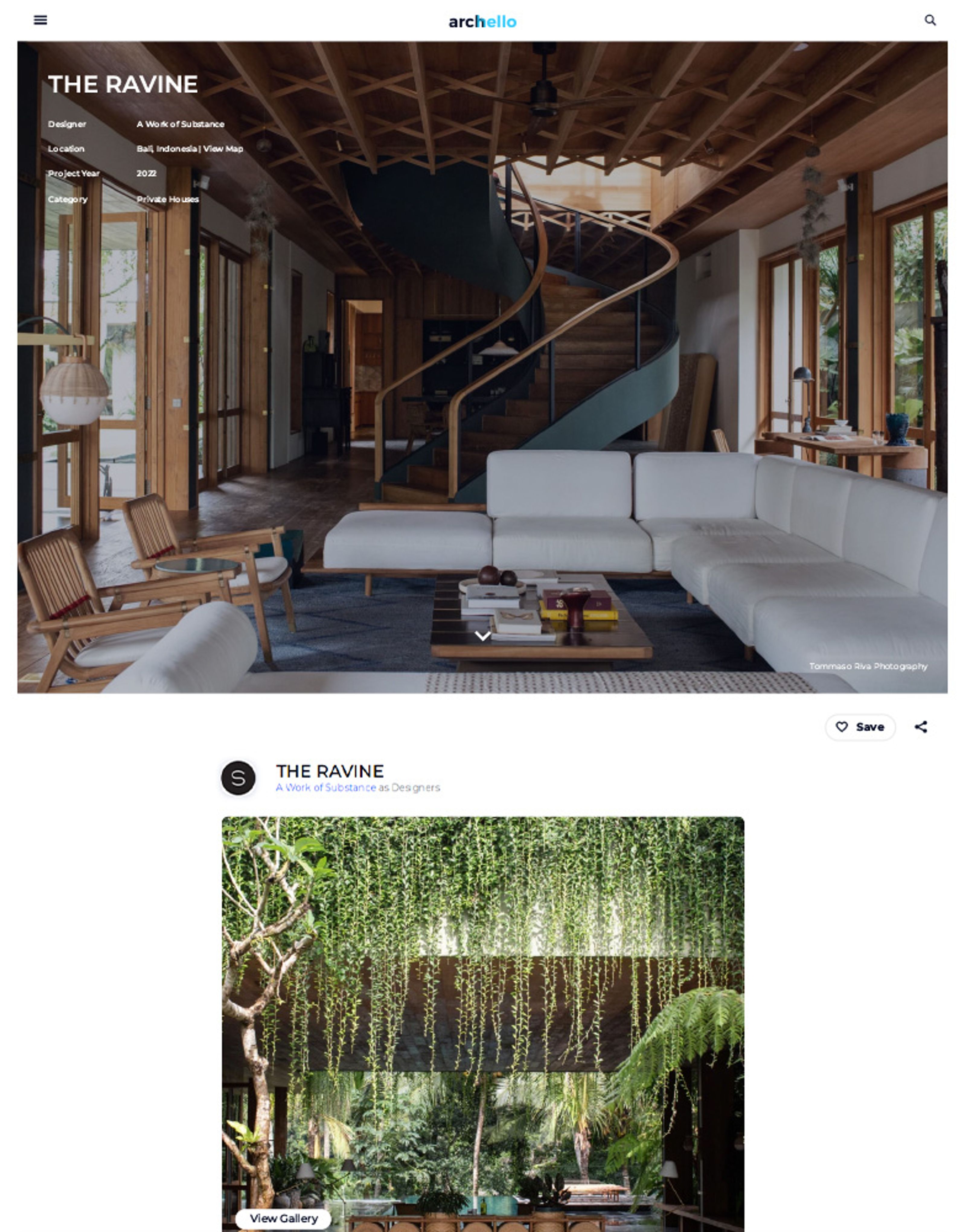Archello webpage displaying 'The Ravine' project, featuring a modern living room with a wooden spiral staircase, white sectional sofa, and exposed beam ceiling, plus an outdoor area with hanging plants.