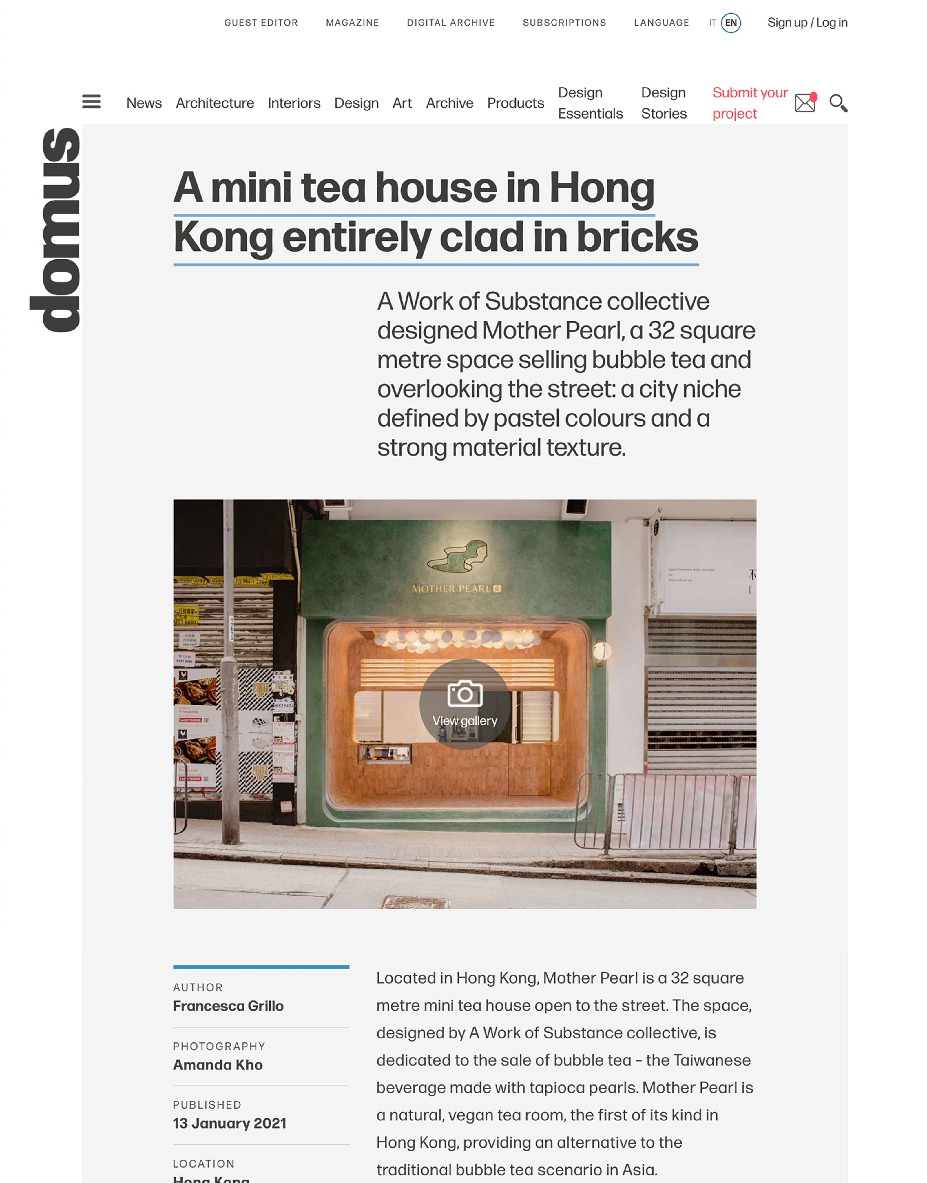 Web page showing a modern, green-tiled tea house facade named Mother Pearl on a Hong Kong street, with the article title 'A mini tea house in Hong Kong entirely clad in bricks'.