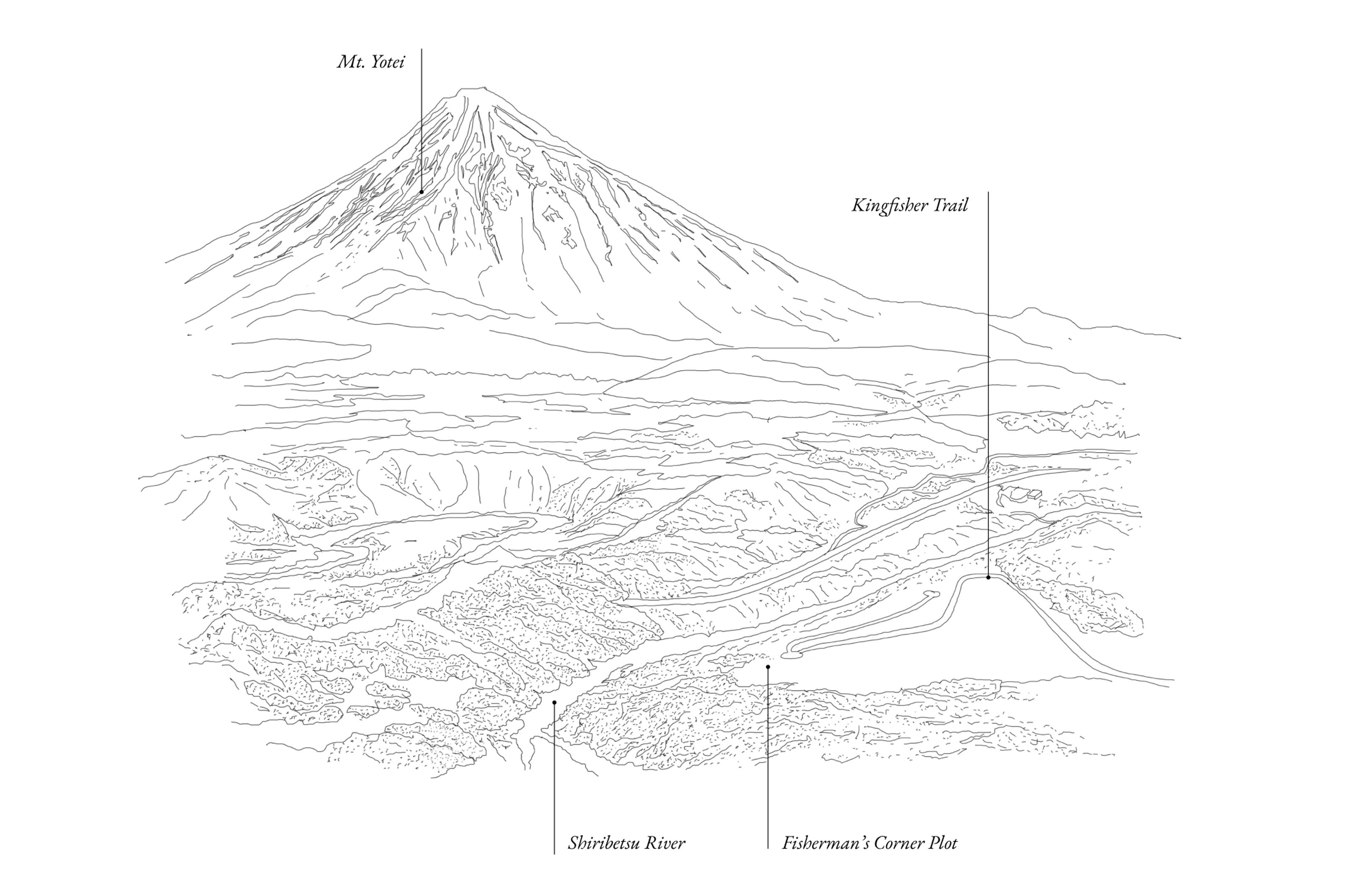 Line drawing of a landscape with Mt. Yotei, Kingfisher Trail, Shiribetsu River, and Fisherman's Corner Plot.