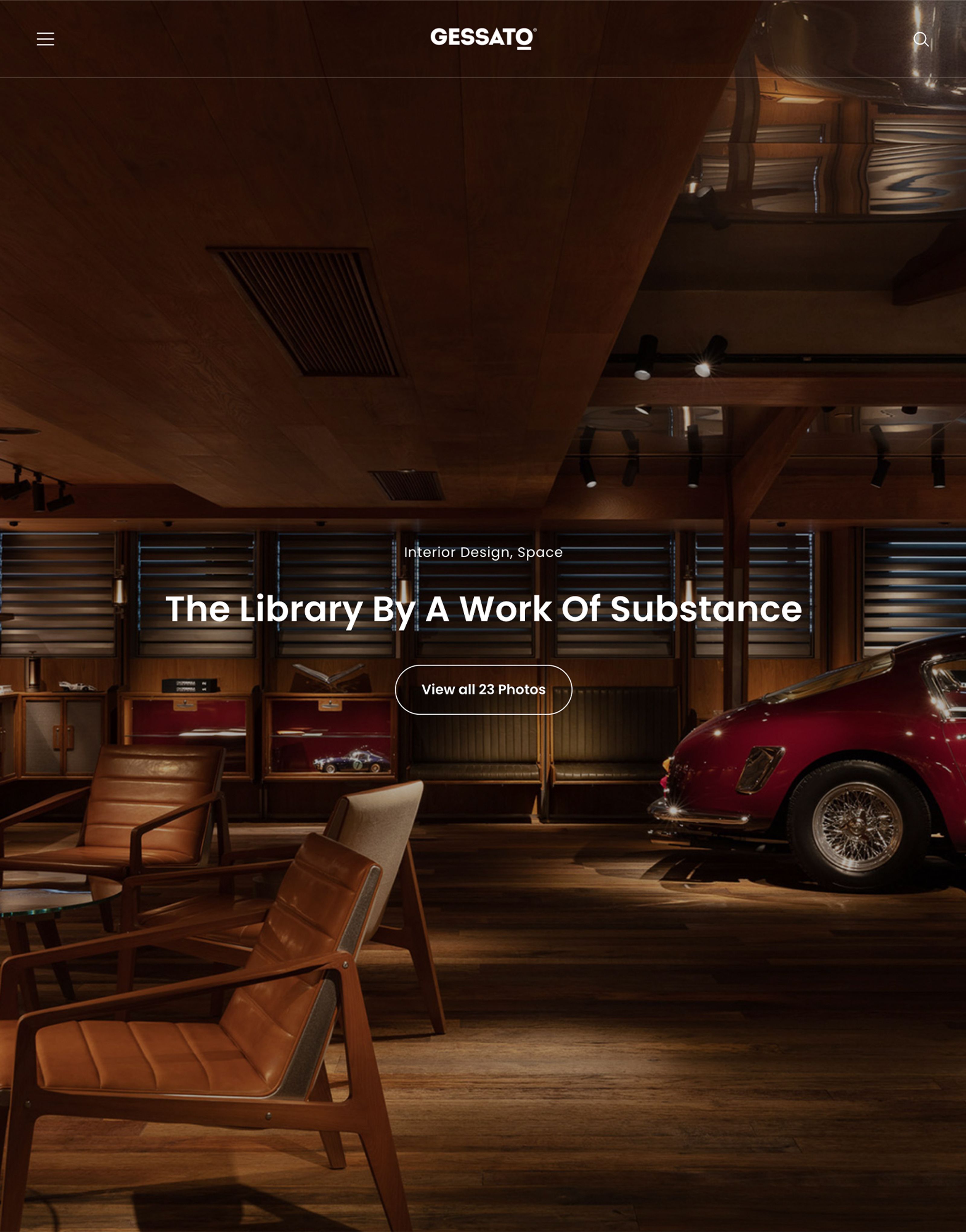 A luxurious, wood-paneled library with leather armchairs and a classic red sports car.