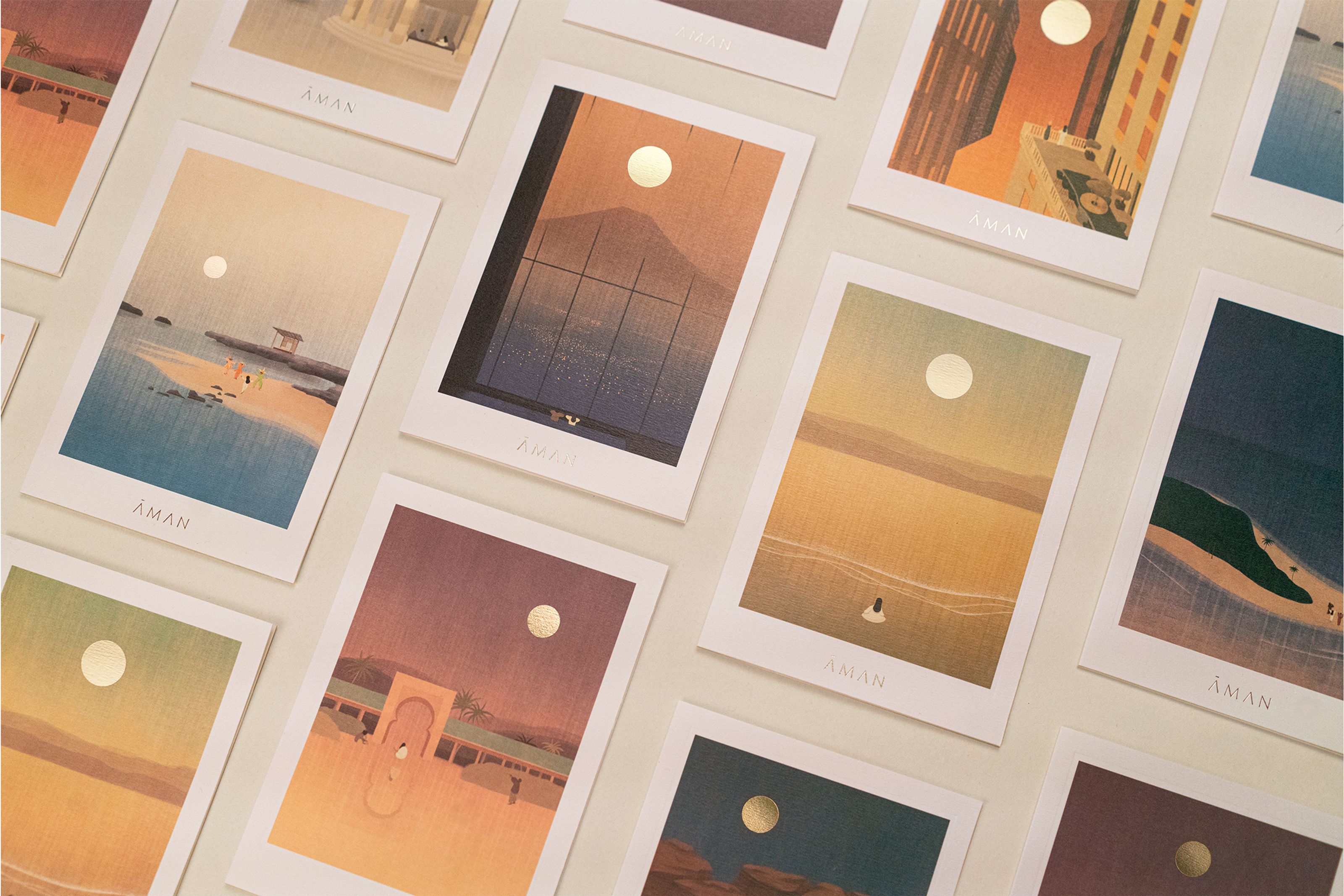 A grid of minimalist, warm-toned postcards, each featuring a golden circle and the word 'AMAN'.