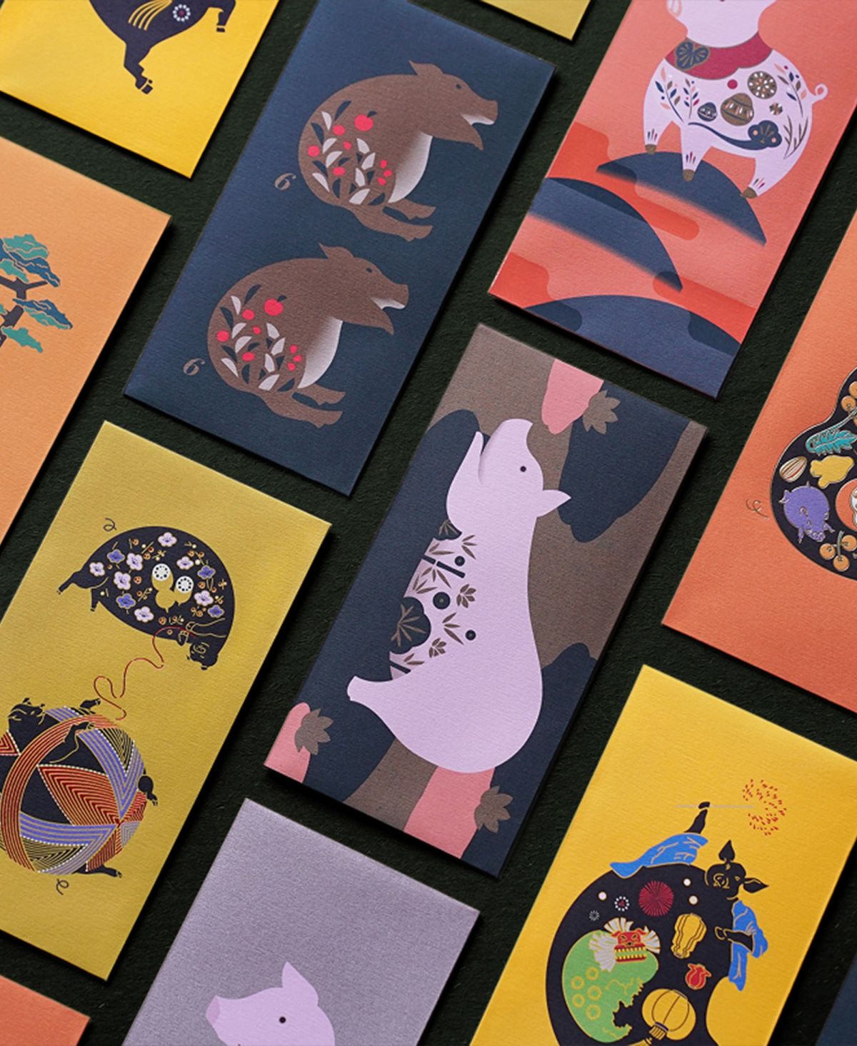 A collection of colorful, stylized envelopes featuring various pig designs.