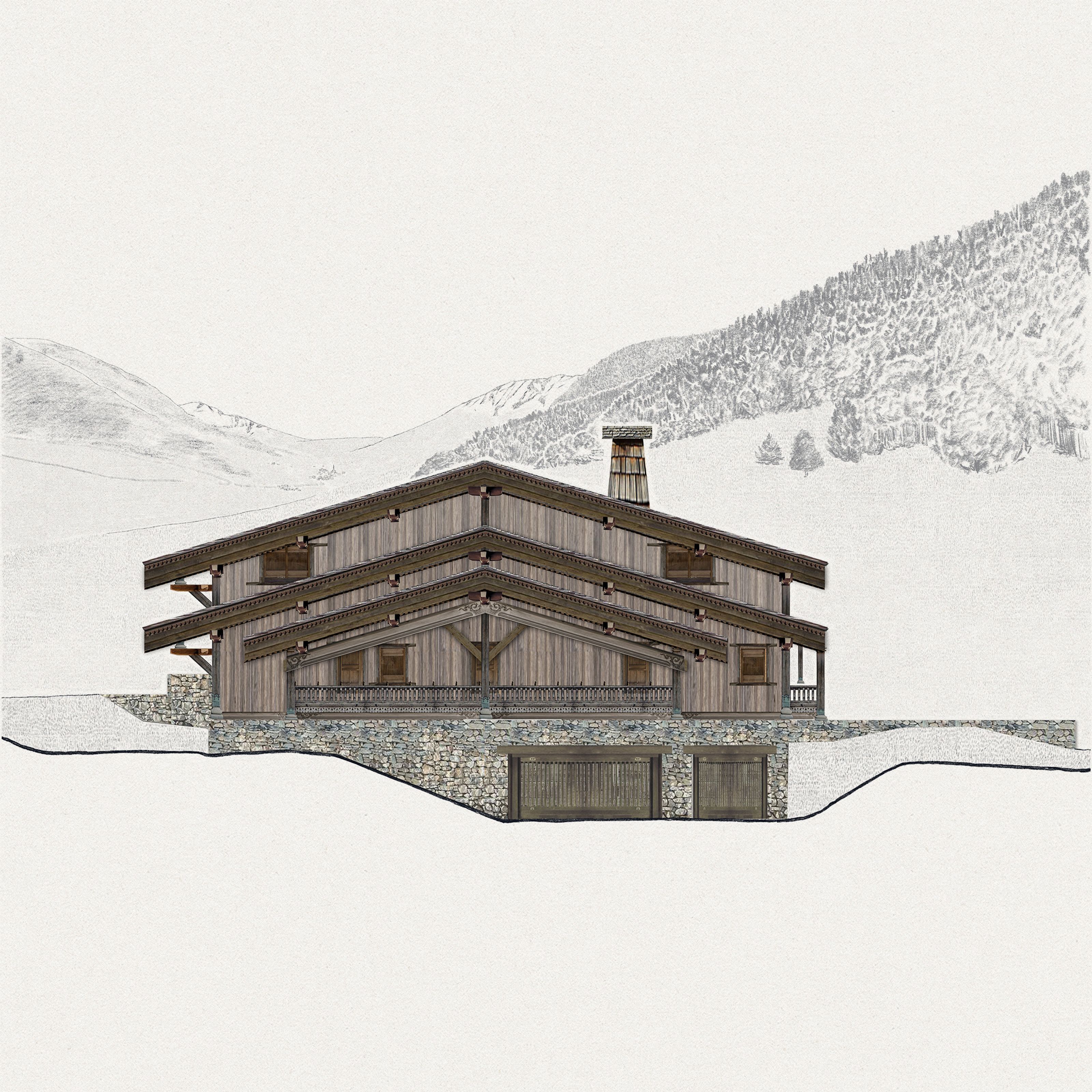 Architectural drawing of a multi-story wooden chalet with a stone foundation, balcony, and garage doors, set in snowy mountains.