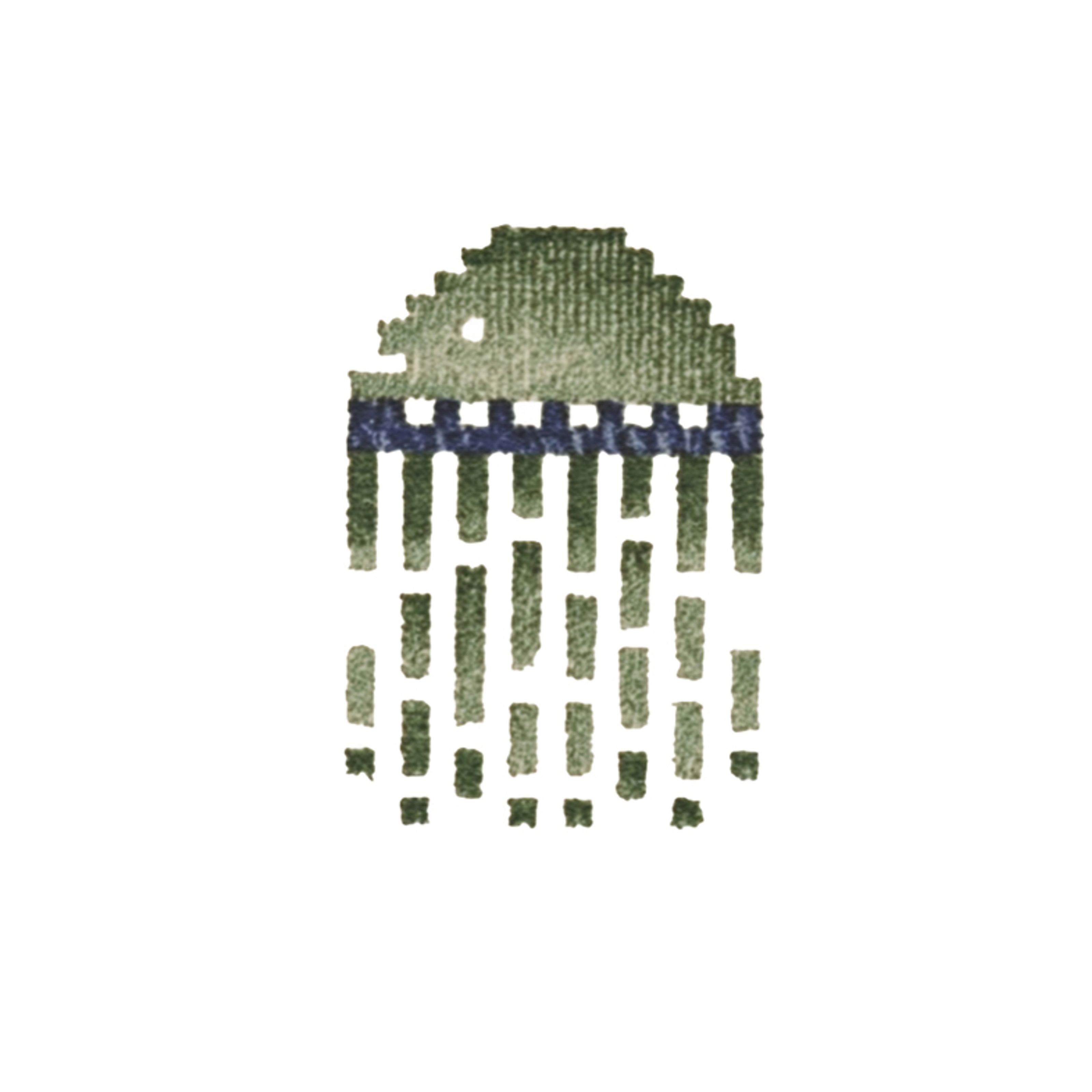 Textured pixel art of a green figure with a rounded head, small white eye, blue band, and fragmented vertical green stripes below.