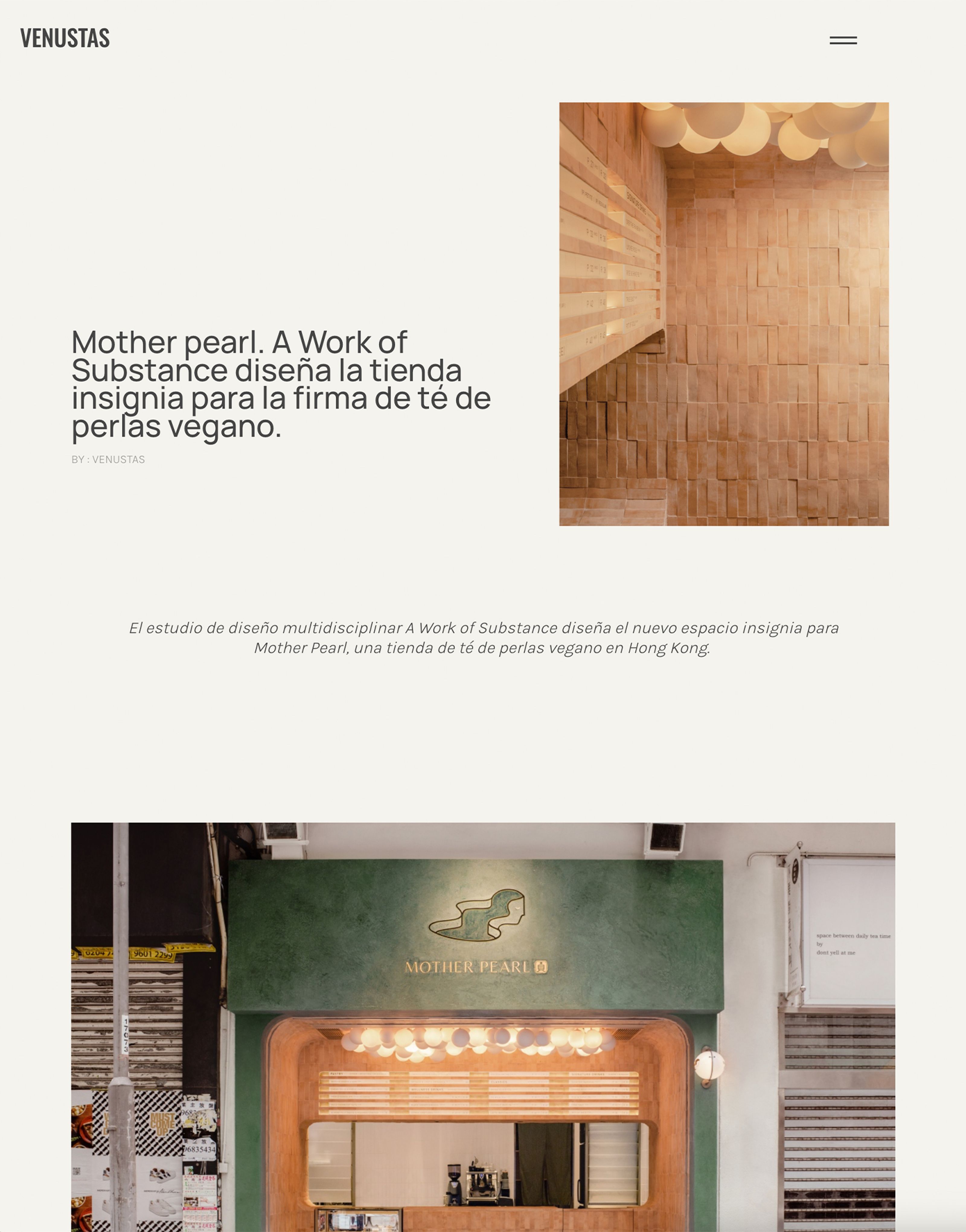 Webpage article showcasing the Mother Pearl vegan pearl tea shop, with interior photos of textured wooden walls and spherical lights, and an exterior shot of its green facade.