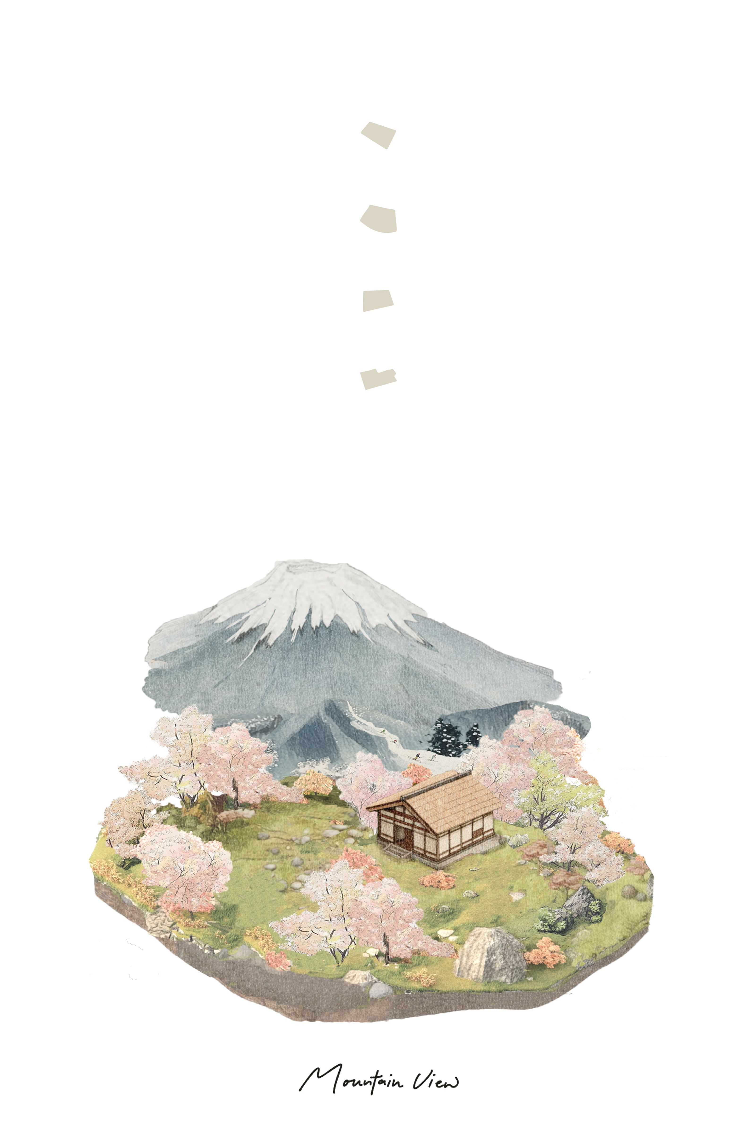 Watercolor illustration of a Japanese house among cherry blossoms on a green hill, with a snow-capped mountain in the background. Text reads "Mountain View."